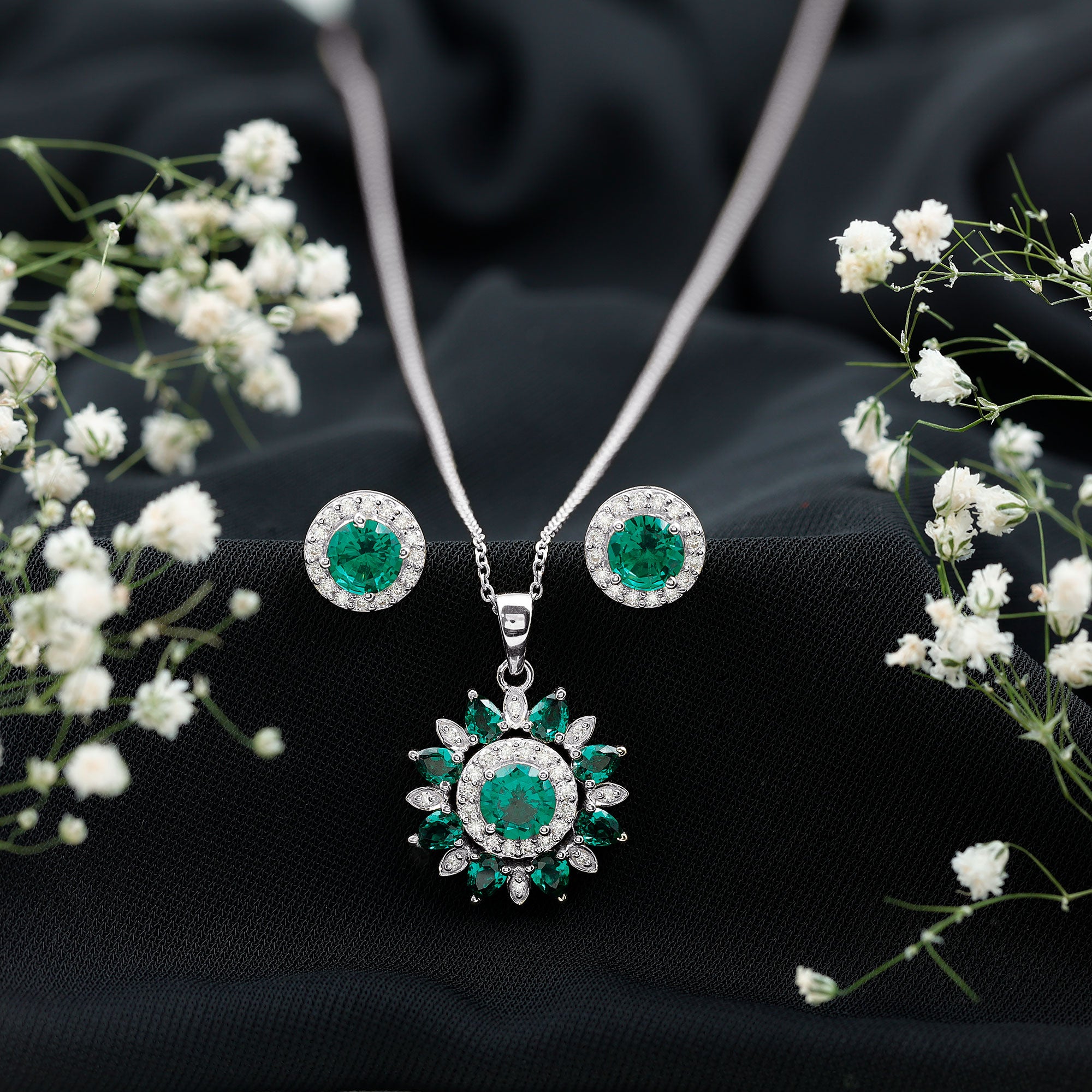 Certified Lab Created Emerald and Diamond Flower Jewelry Set AAAA - Rosec Jewels