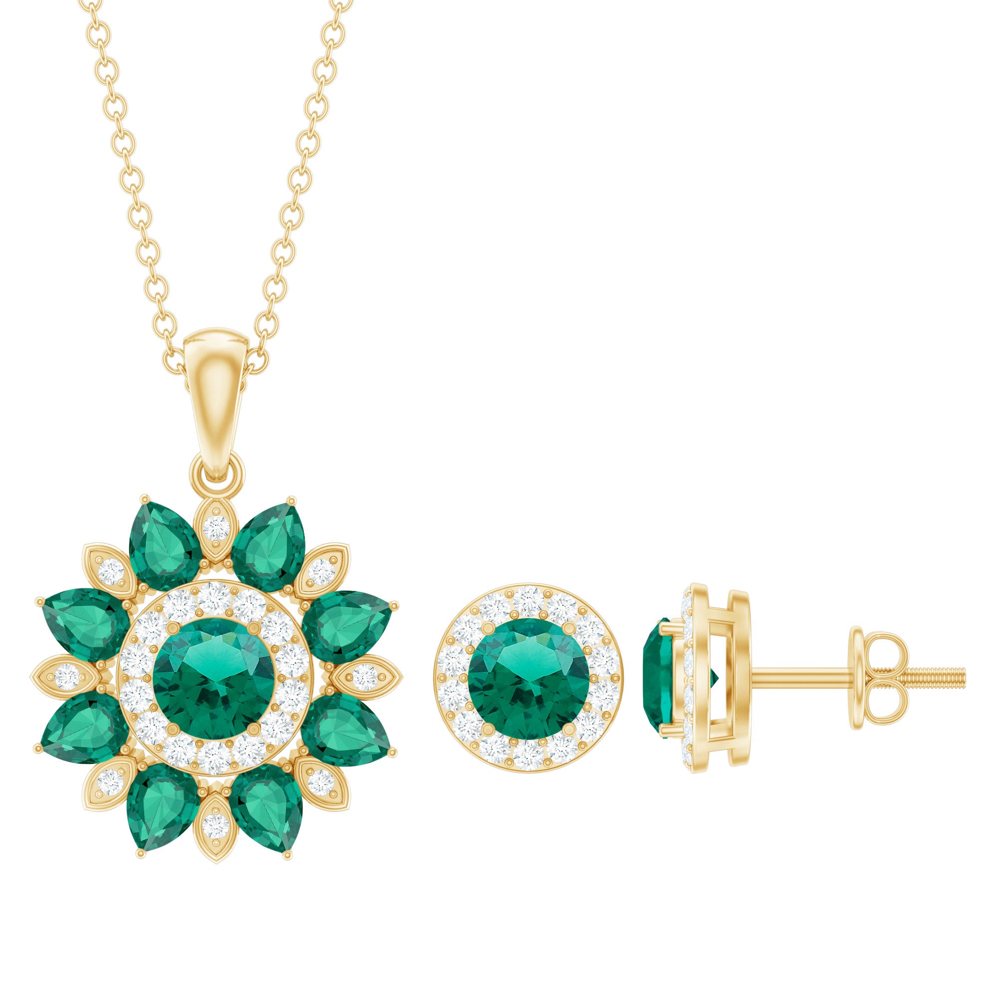 Certified Lab Created Emerald and Diamond Flower Jewelry Set AAAA - Rosec Jewels