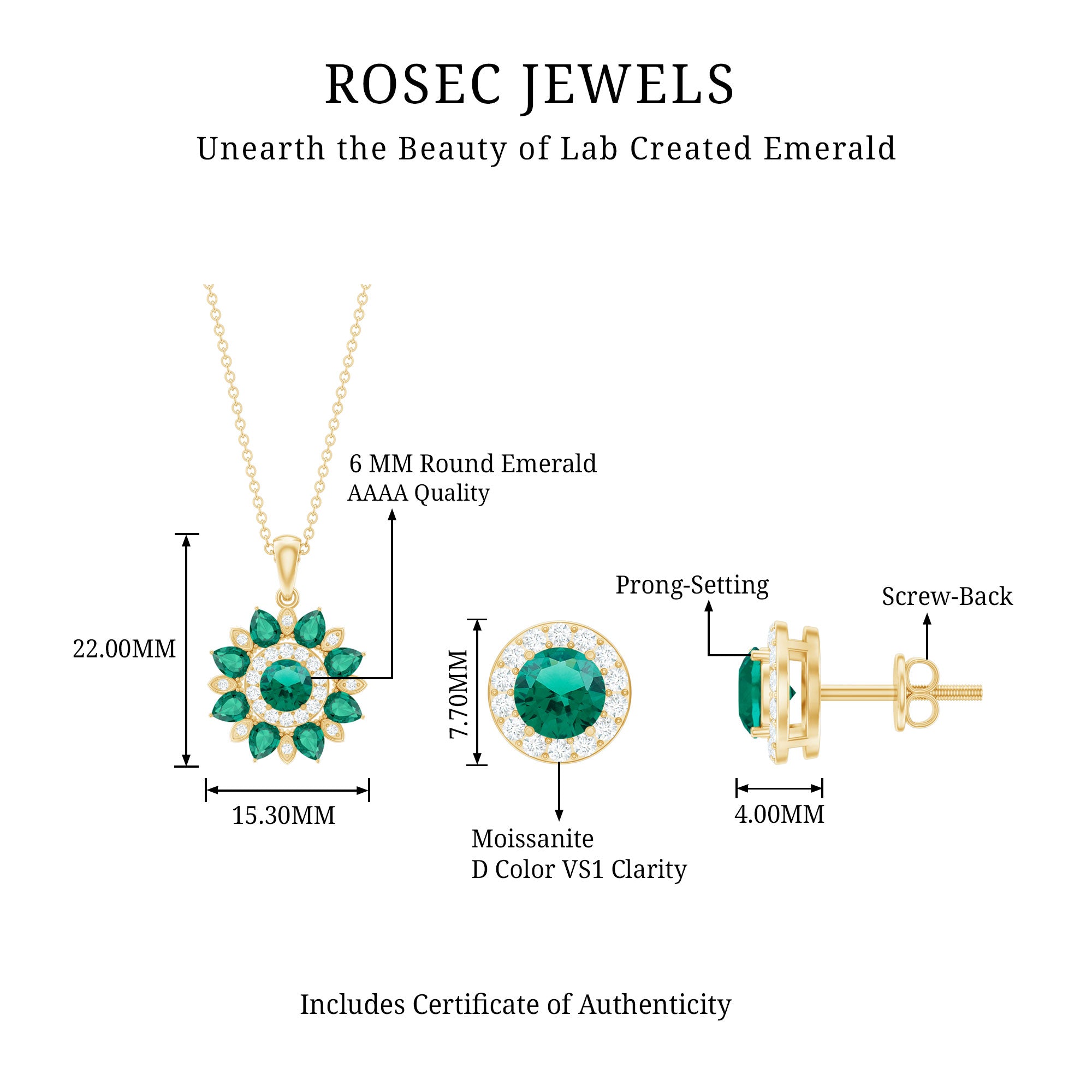 Certified Lab Created Emerald and Diamond Flower Jewelry Set AAAA - Rosec Jewels