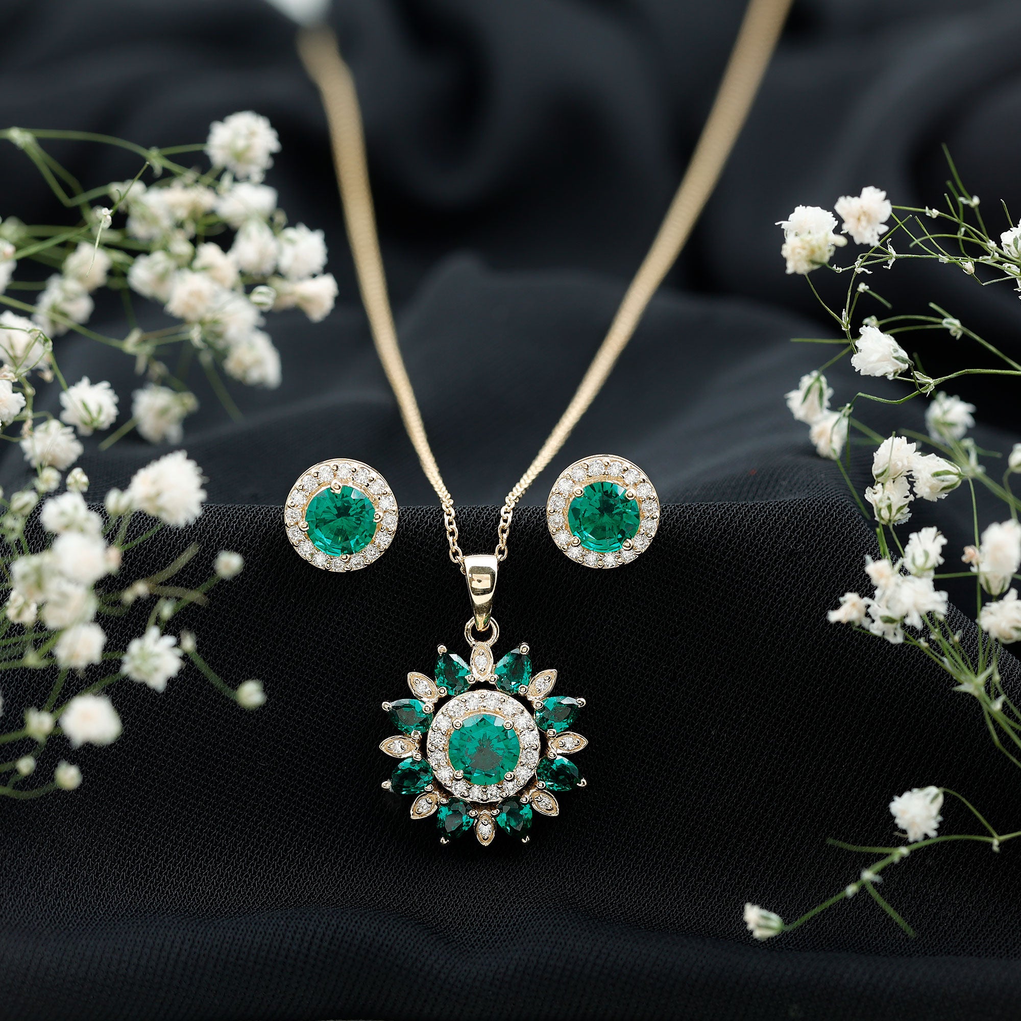 Certified Lab Created Emerald and Diamond Flower Jewelry Set AAAA - Rosec Jewels