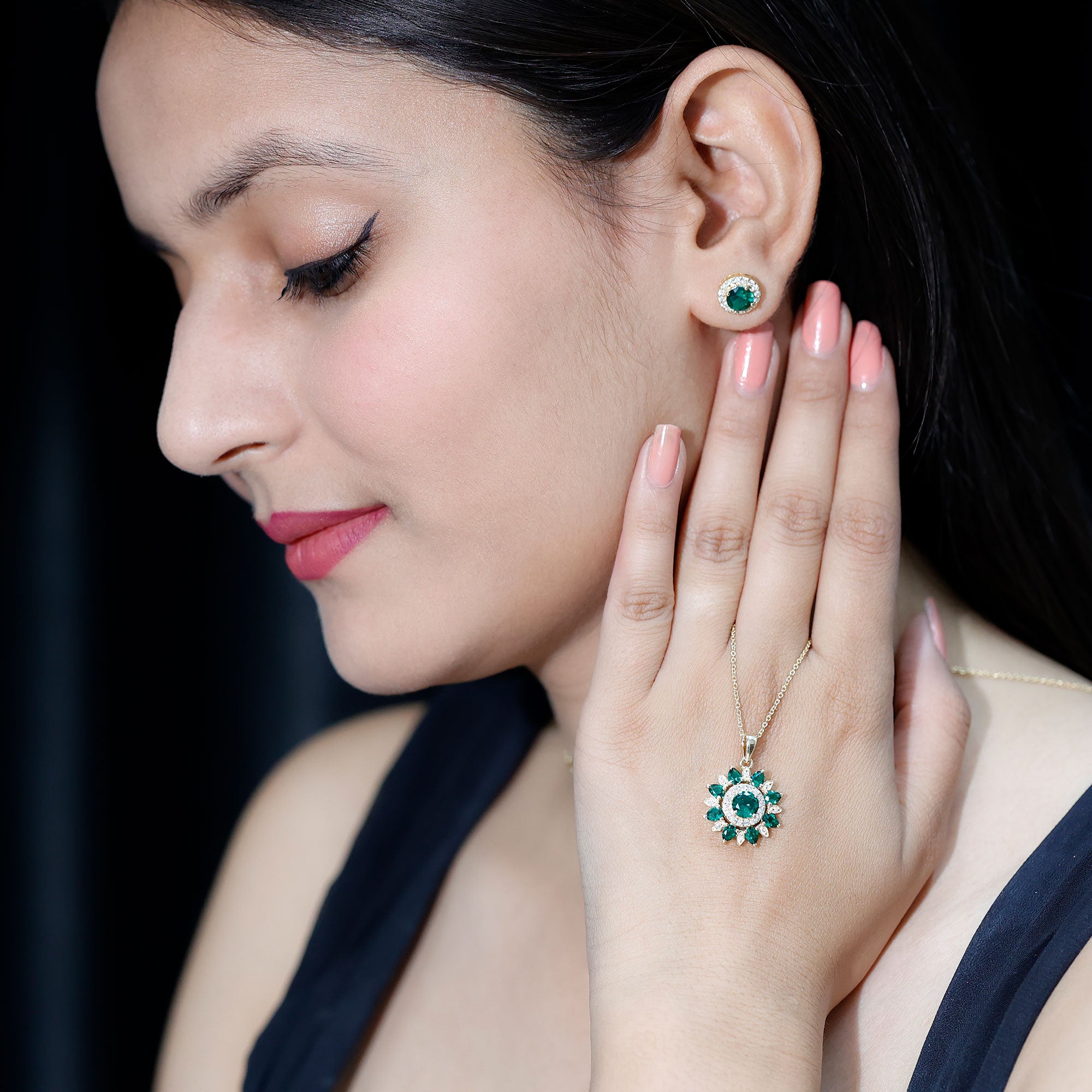 Certified Lab Created Emerald and Diamond Flower Jewelry Set AAAA - Rosec Jewels