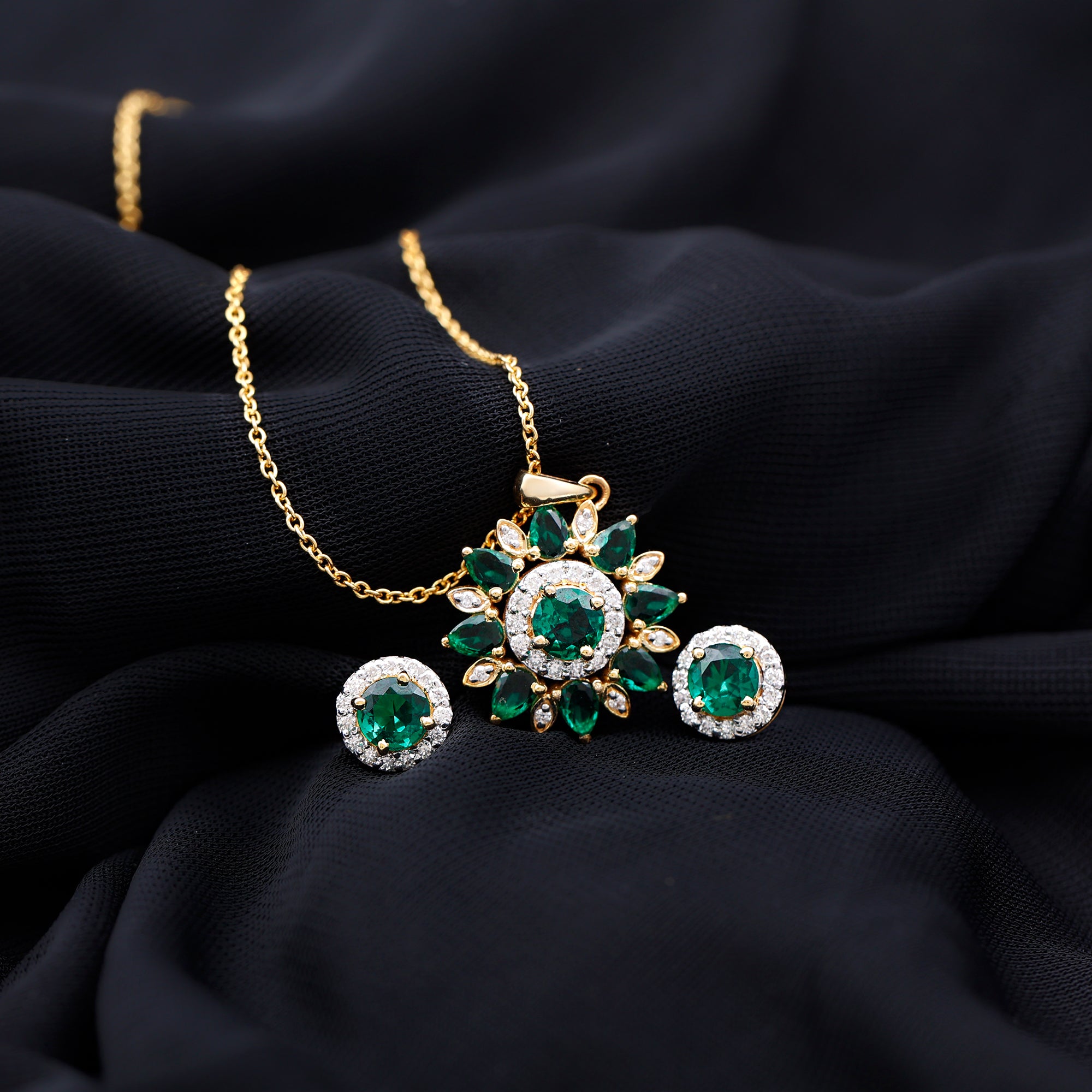 Certified Lab Created Emerald and Diamond Flower Jewelry Set AAAA - Rosec Jewels