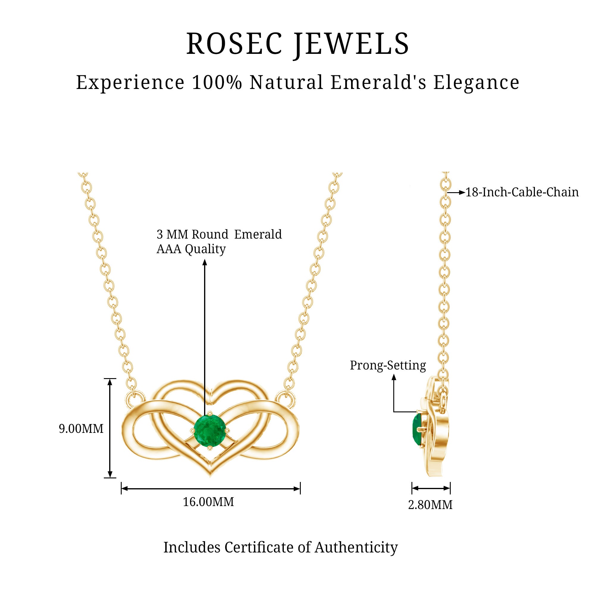 Emerald Heart and Infinity Chain Necklace for Women AAA - Rosec Jewels