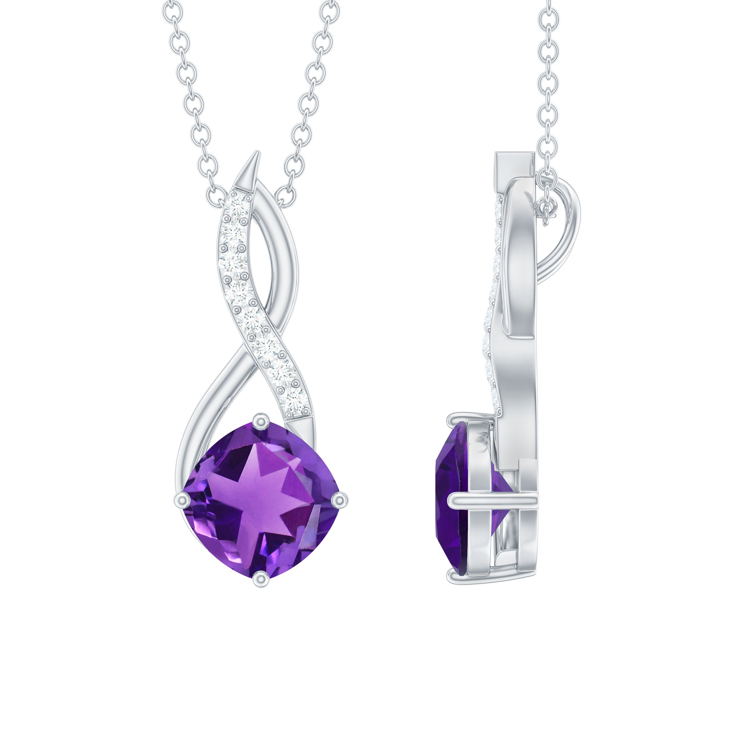 Cushion Shape Amethyst Infinity Pendant Necklace with Diamond Accent