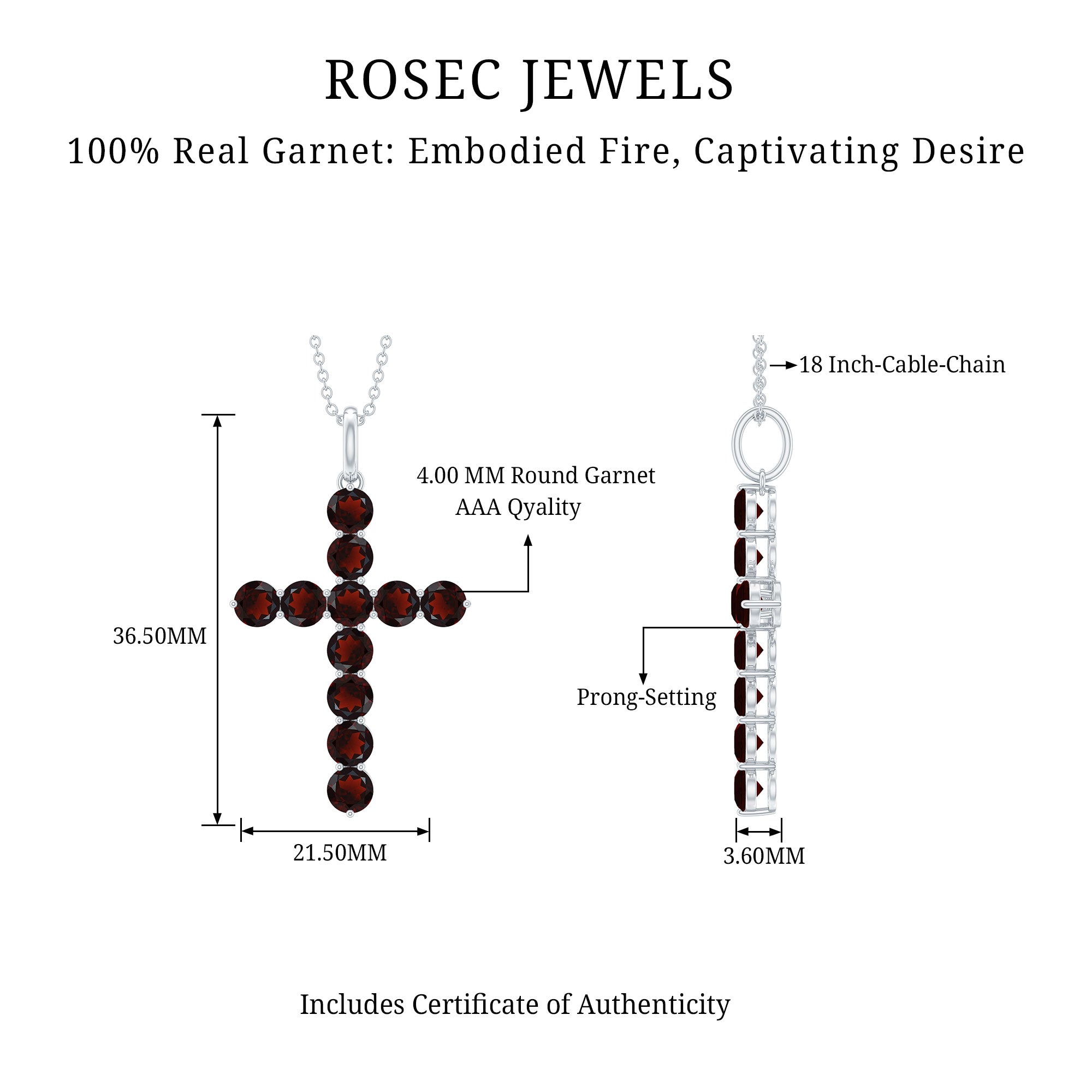 Genuine 3.7 Carat Garnet Cross Pendant Necklace AAA - Rosec Jewels