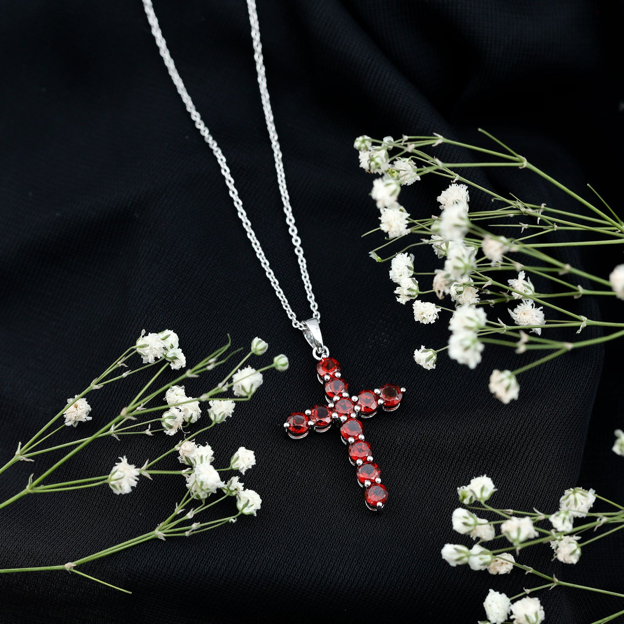 Genuine 3.7 Carat Garnet Cross Pendant Necklace AAA - Rosec Jewels