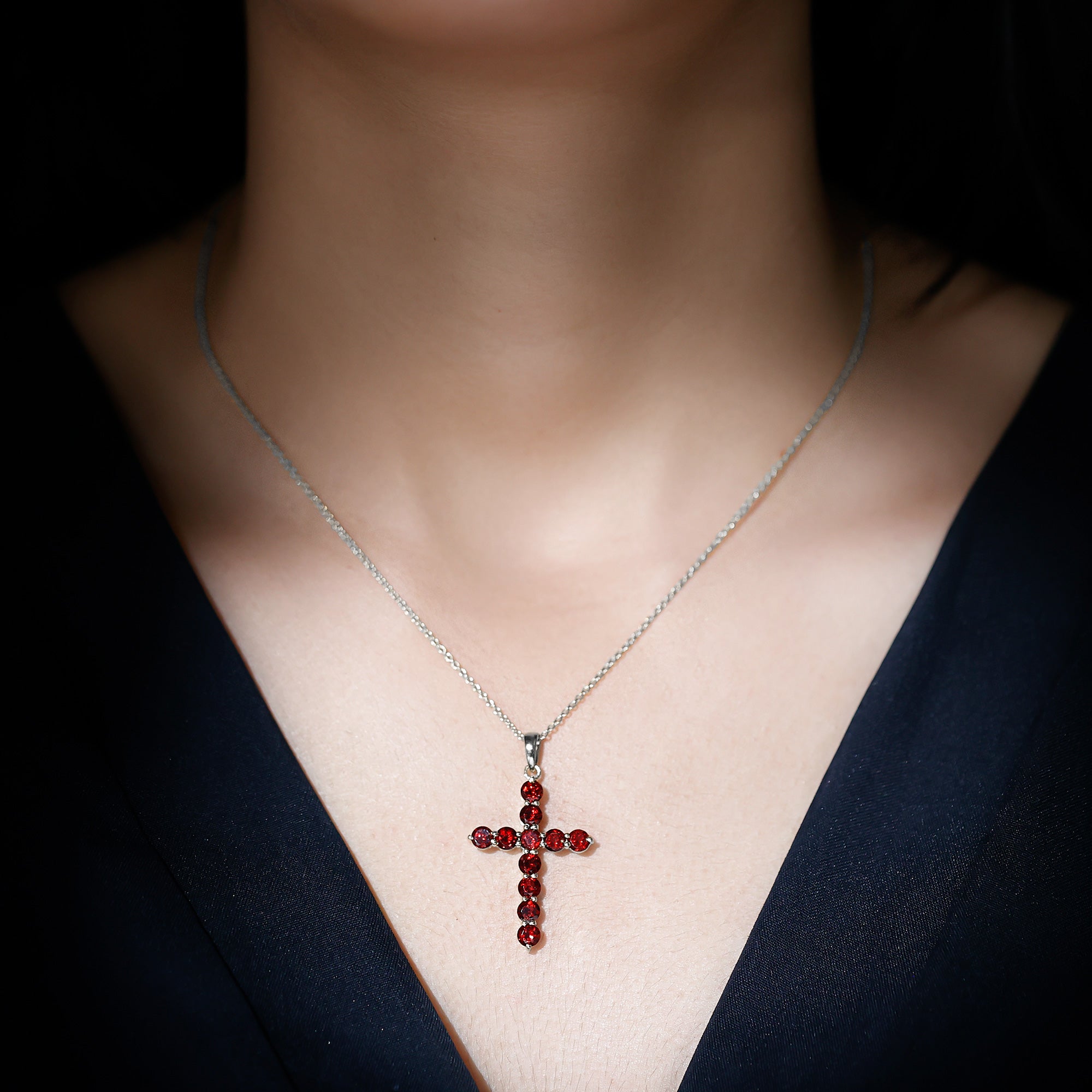Genuine 3.7 Carat Garnet Cross Pendant Necklace AAA - Rosec Jewels