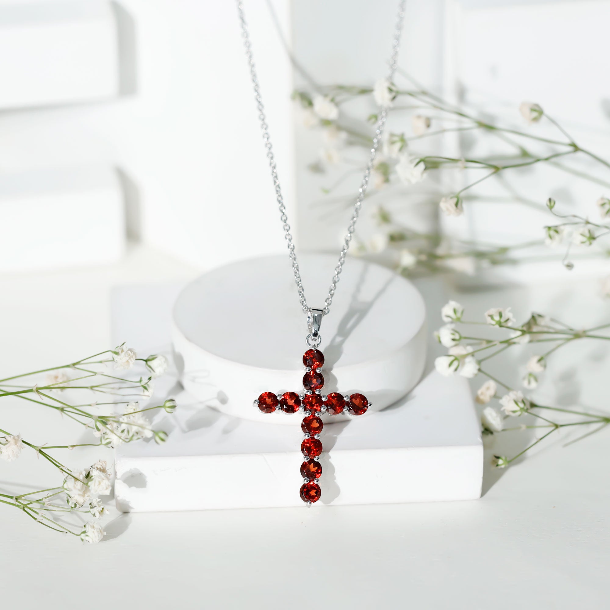 Genuine 3.7 Carat Garnet Cross Pendant Necklace AAA - Rosec Jewels