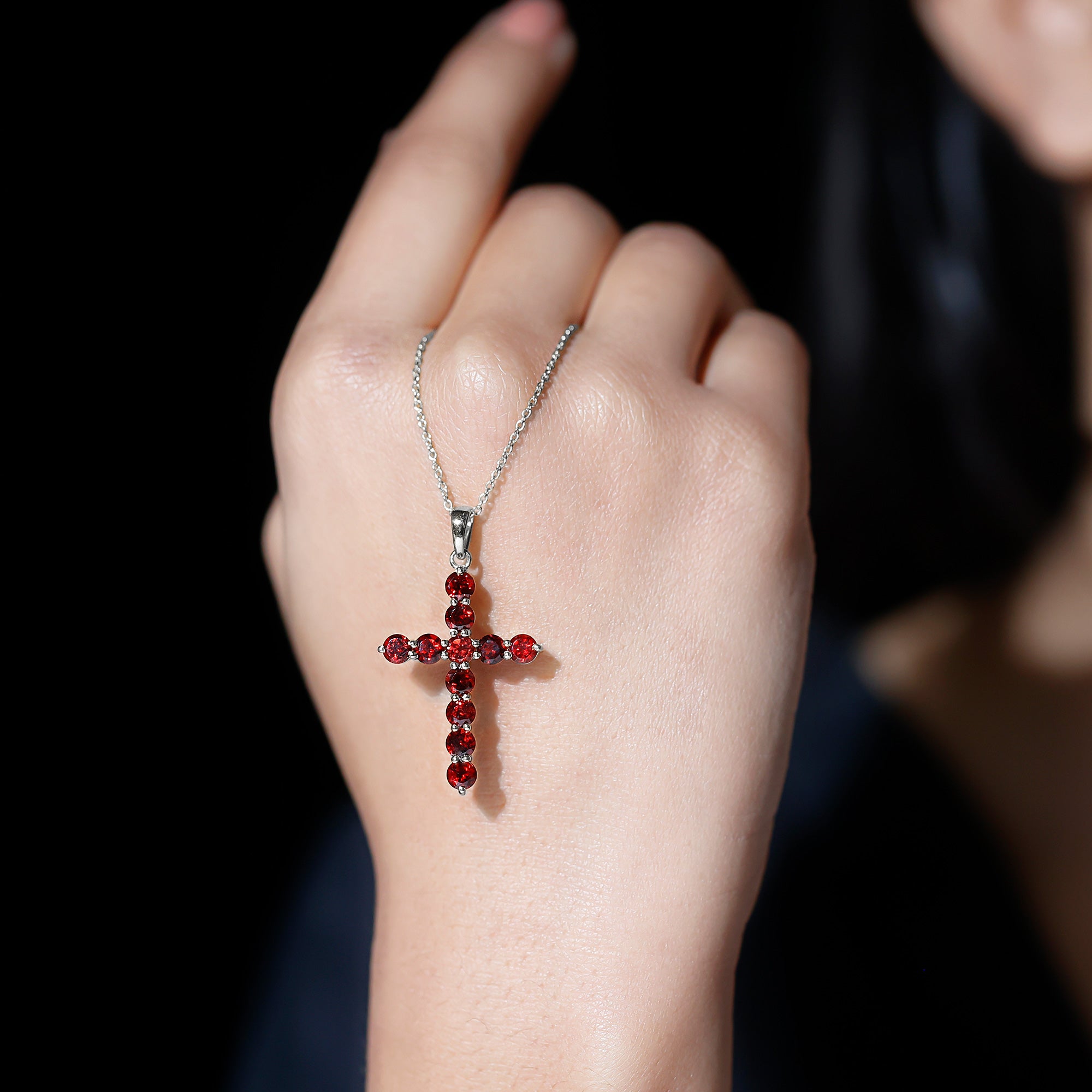 Genuine 3.7 Carat Garnet Cross Pendant Necklace AAA - Rosec Jewels