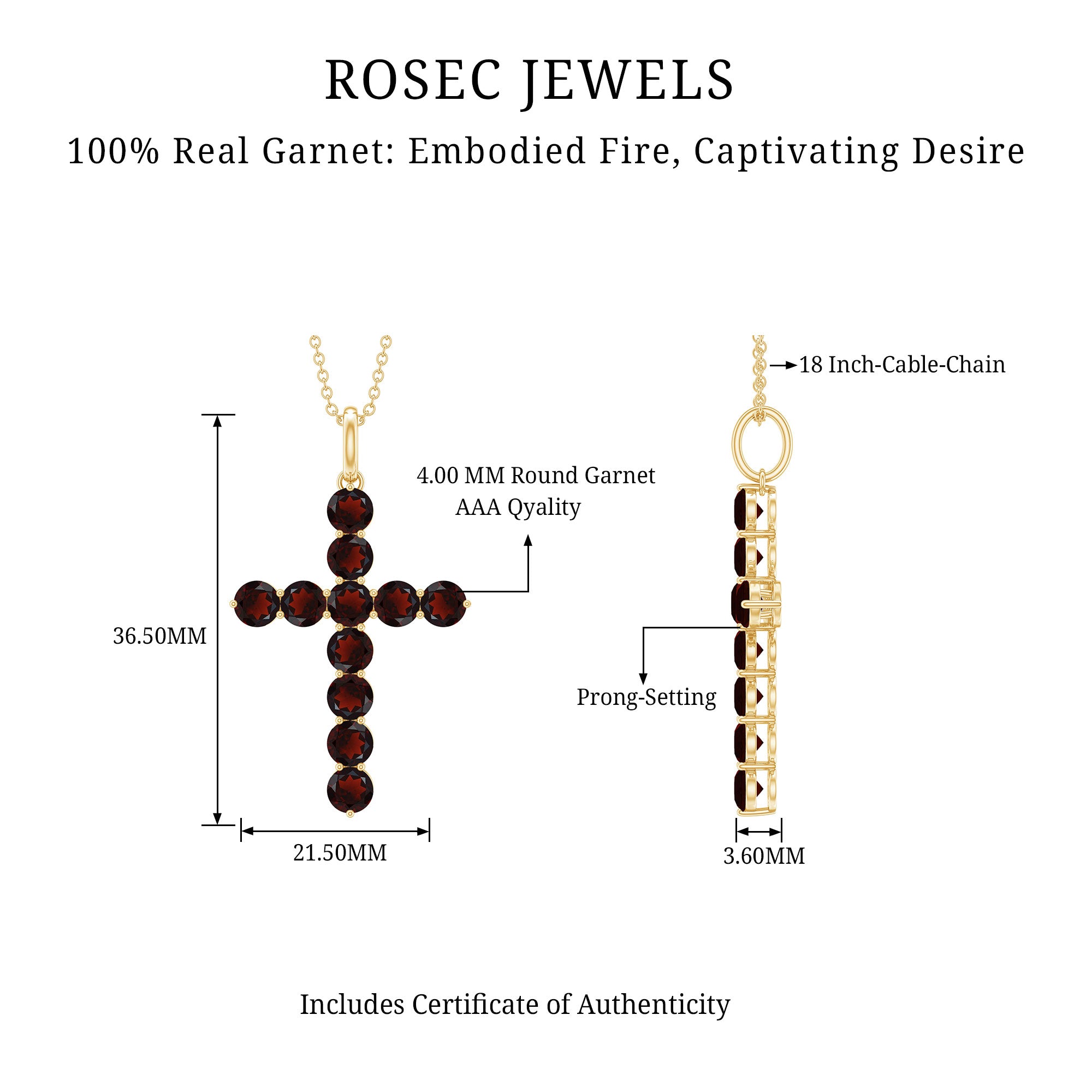 Genuine 3.7 Carat Garnet Cross Pendant Necklace AAA - Rosec Jewels