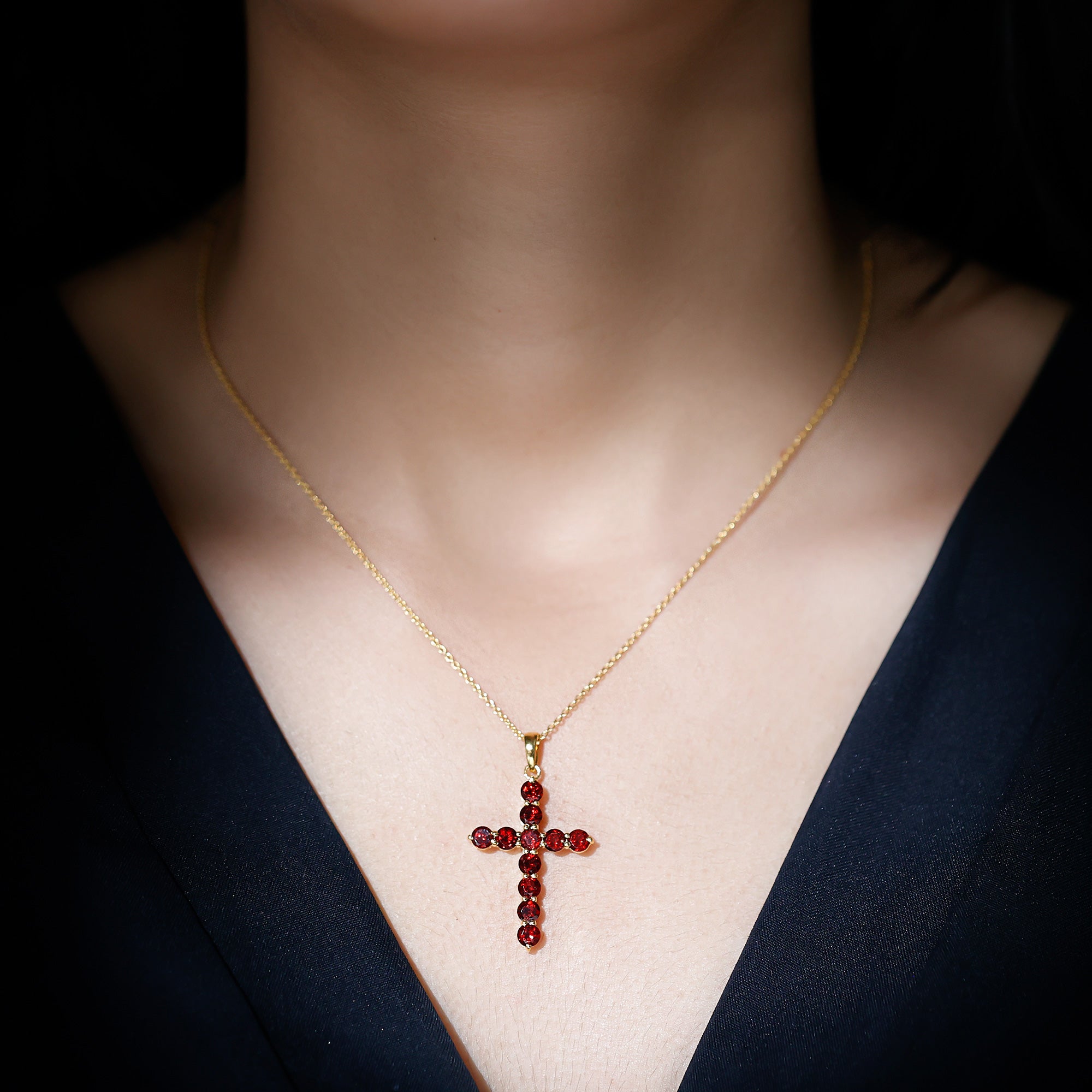 Genuine 3.7 Carat Garnet Cross Pendant Necklace AAA - Rosec Jewels