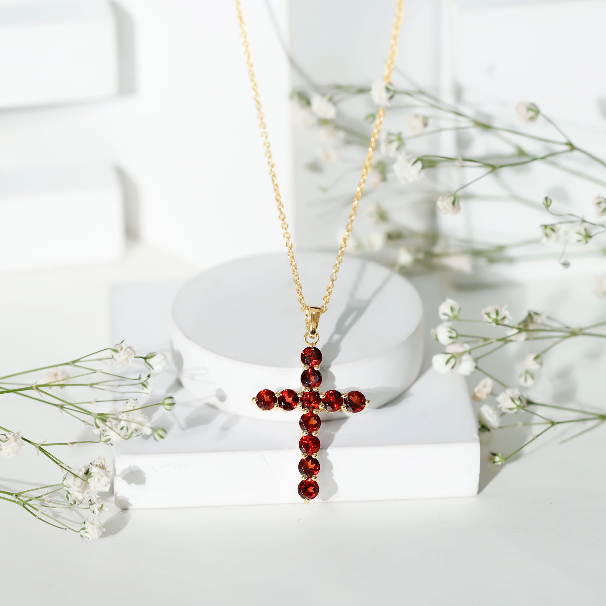Genuine 3.7 Carat Garnet Cross Pendant Necklace AAA - Rosec Jewels