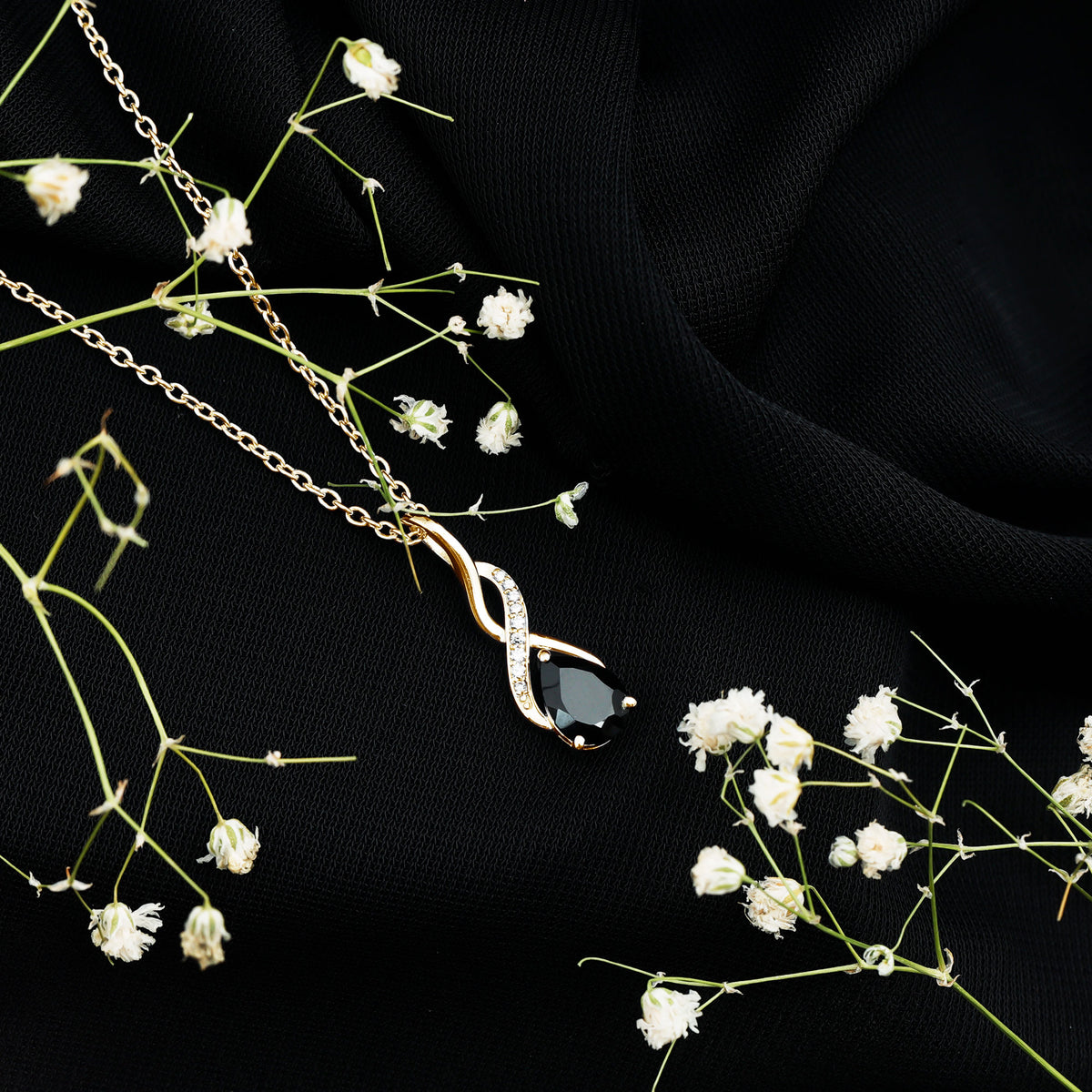 1 Carat Pear Shape Black Onyx Infinity Necklace with Diamonds AAA - Rosec Jewels