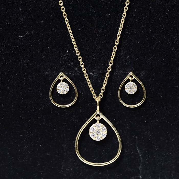 Rosec Jewels-Diamond and Gold Open Teardrop Pendant and Earring Set for Women