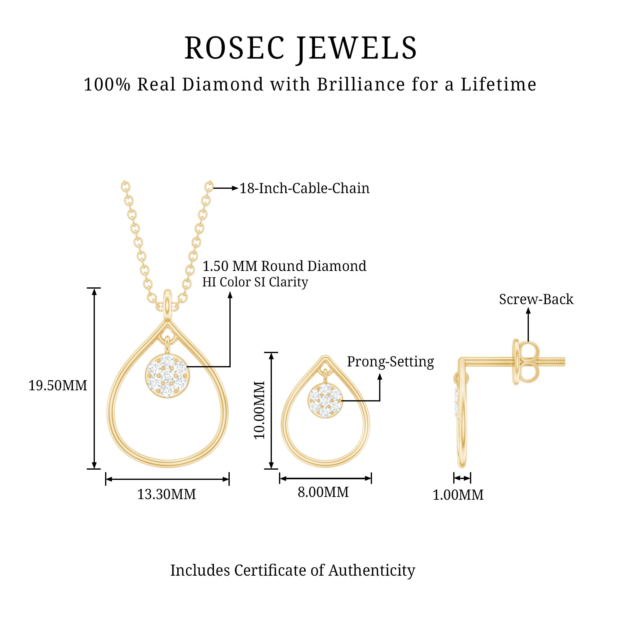 Rosec Jewels-Diamond and Gold Open Teardrop Pendant and Earring Set for Women