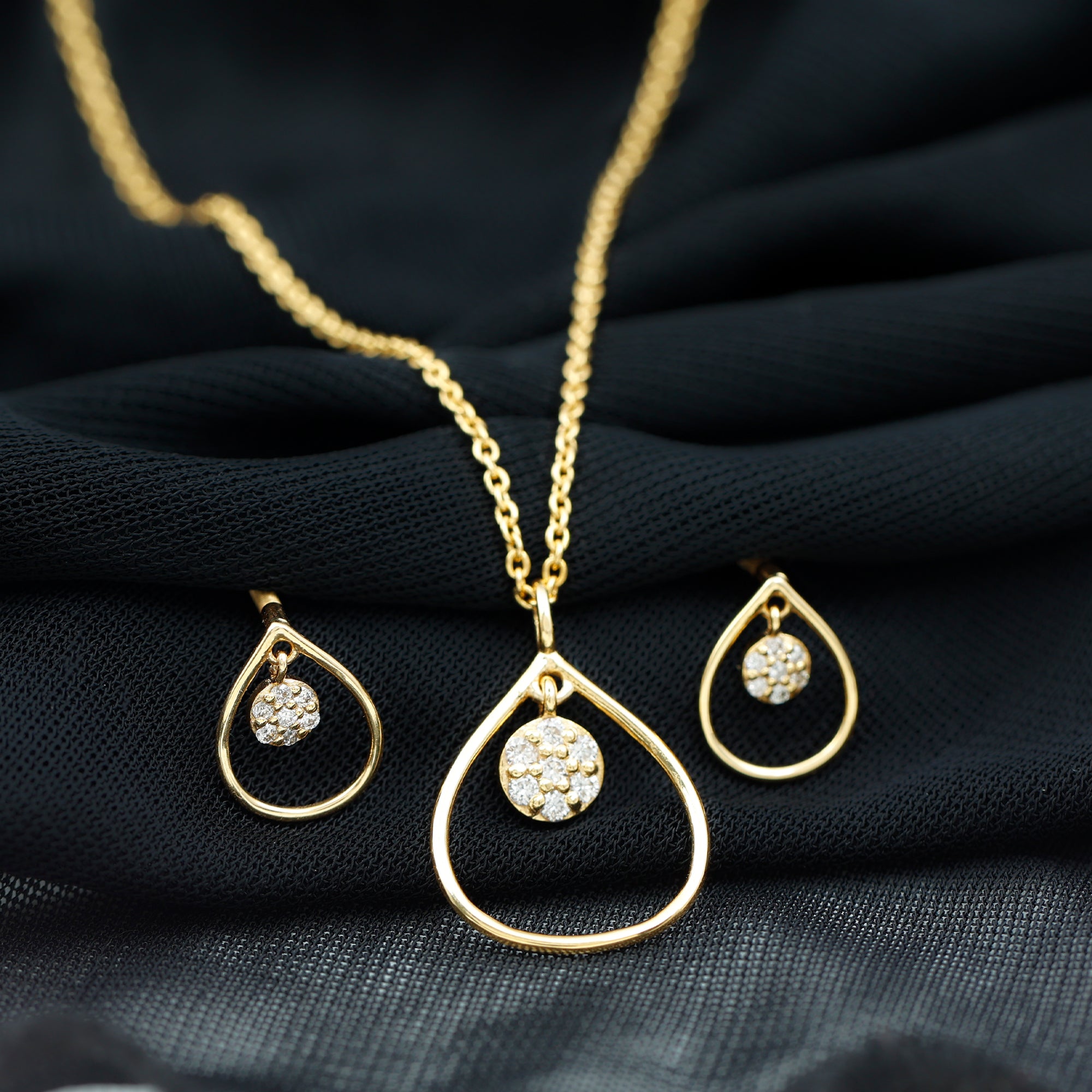 Rosec Jewels-Diamond and Gold Open Teardrop Pendant and Earring Set for Women