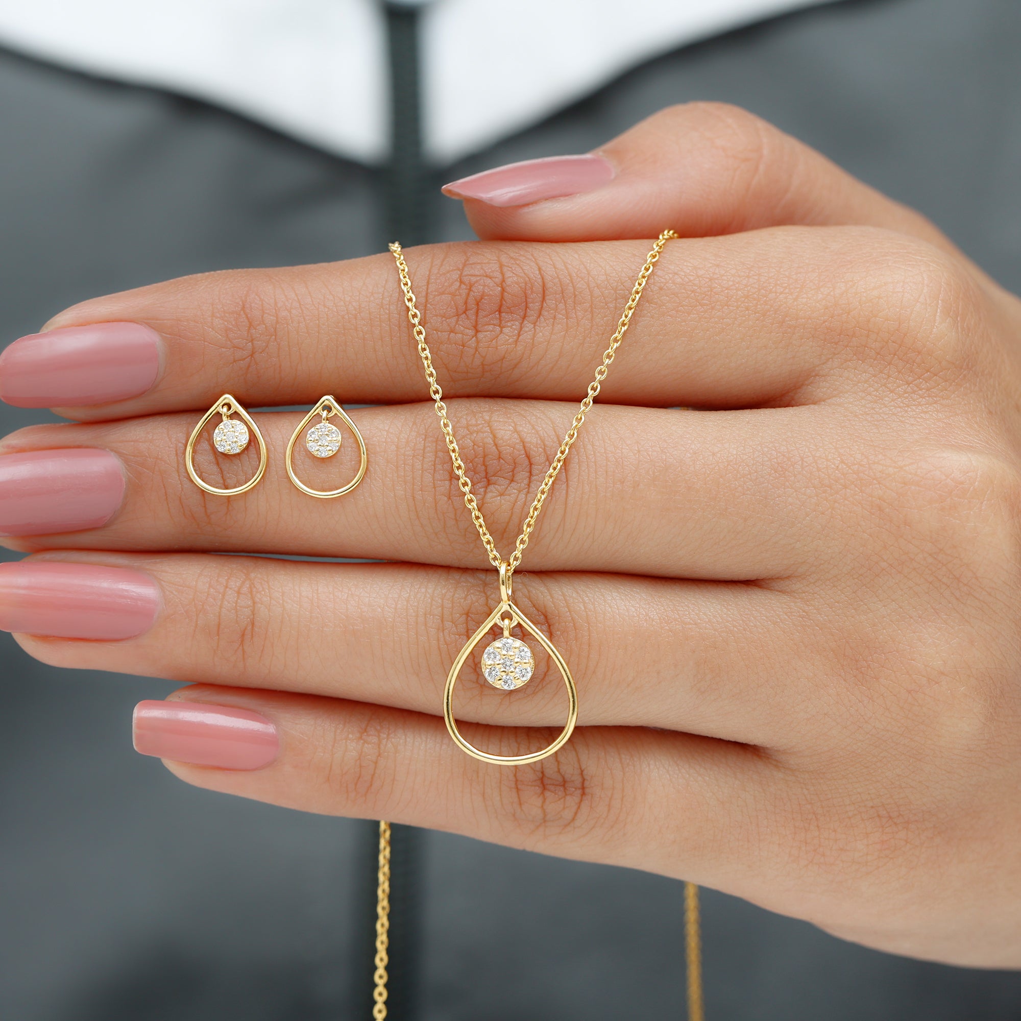 Rosec Jewels-Diamond and Gold Open Teardrop Pendant and Earring Set for Women