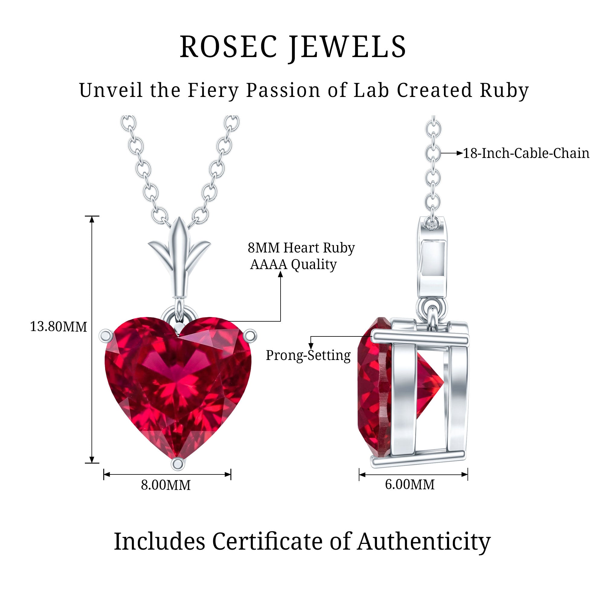 2 CT Heart Shape Lab Created Ruby Solitaire Necklace AAAA - Rosec Jewels