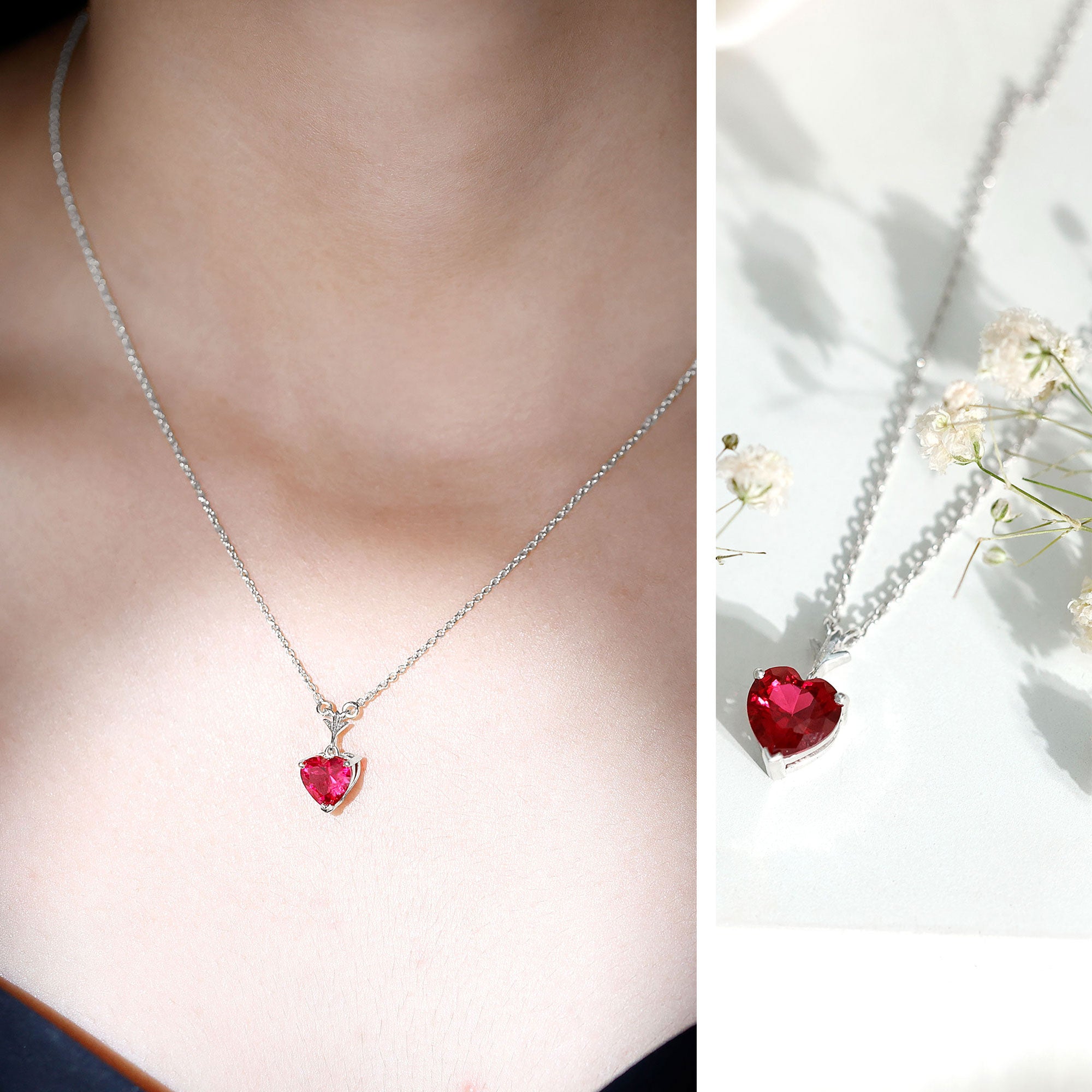 2 CT Heart Shape Lab Created Ruby Solitaire Necklace AAAA - Rosec Jewels