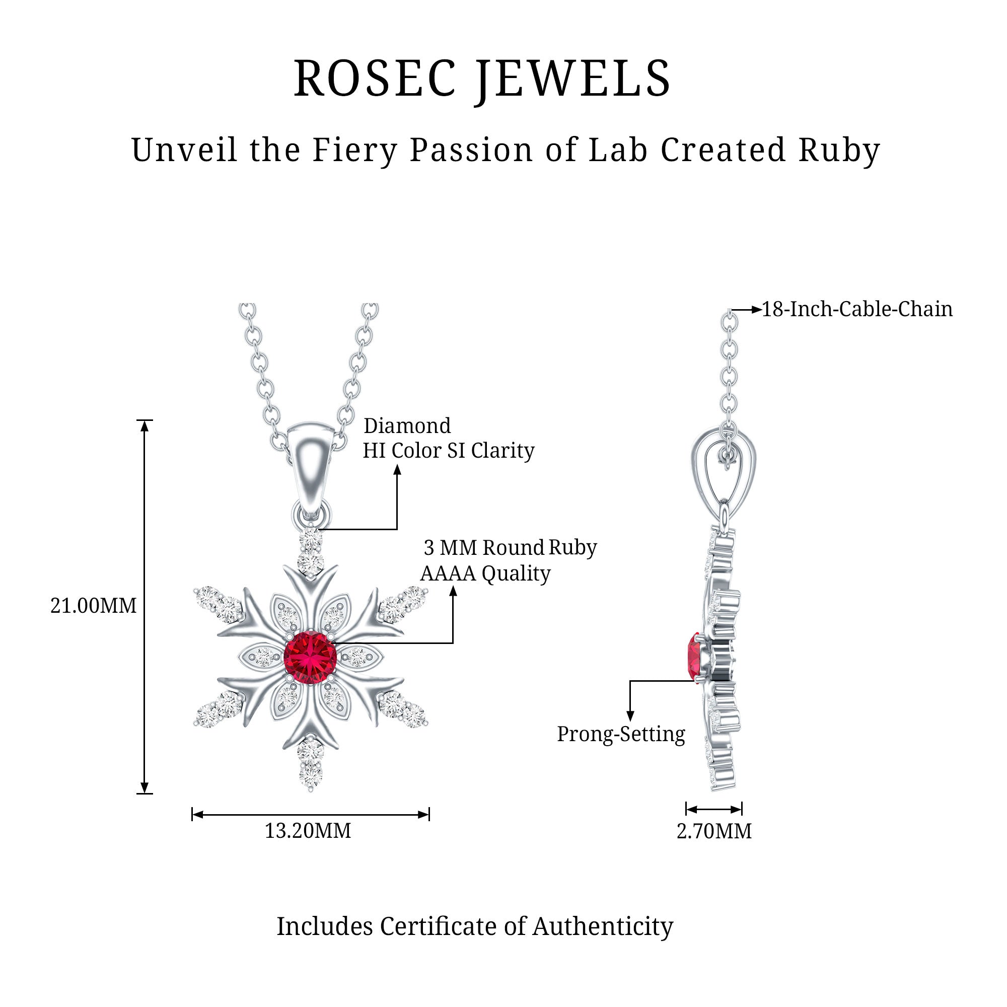 Lab Created Ruby Snowflake Pendant with Diamond Accent AAAA - Rosec Jewels