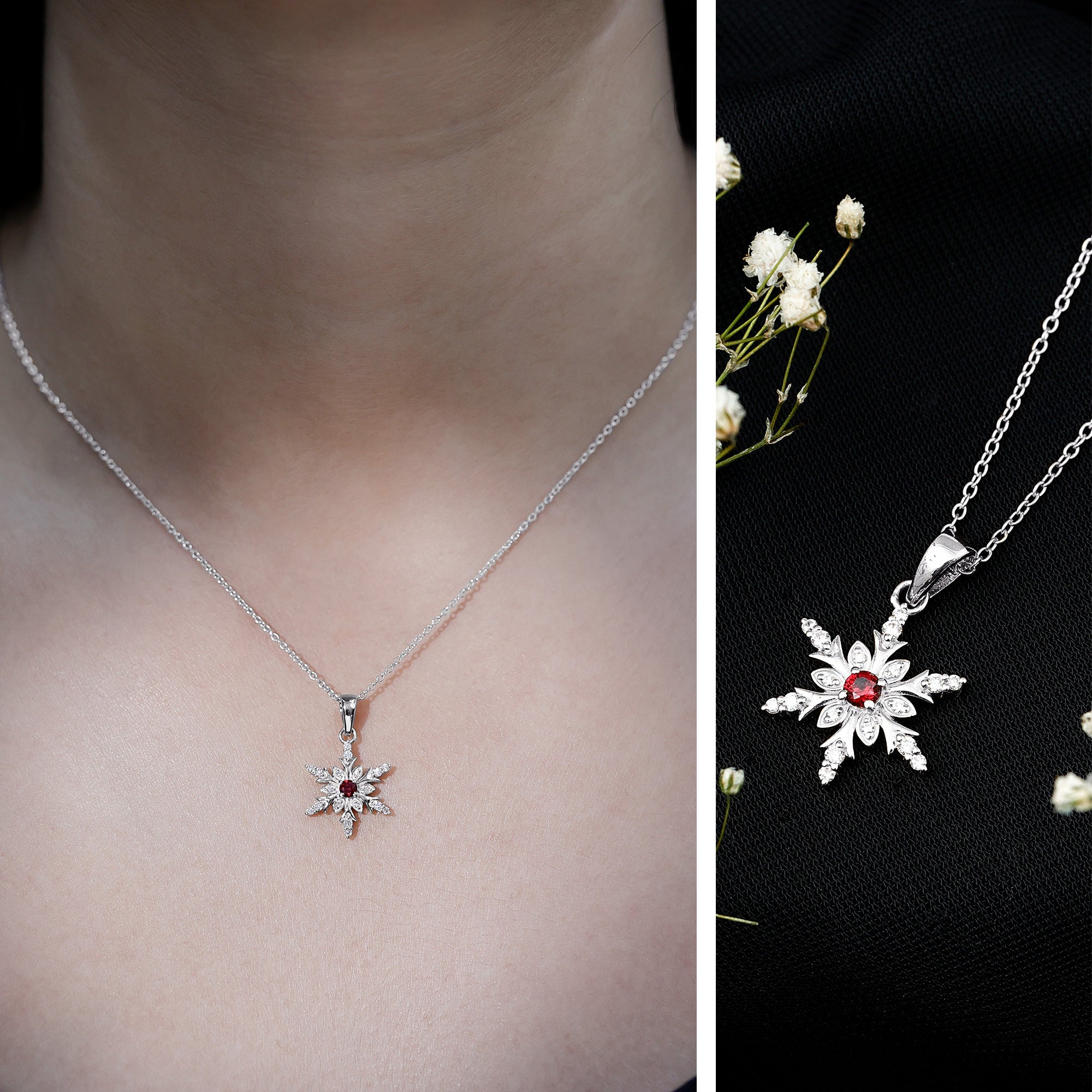 Lab Created Ruby Snowflake Pendant with Diamond Accent AAAA - Rosec Jewels