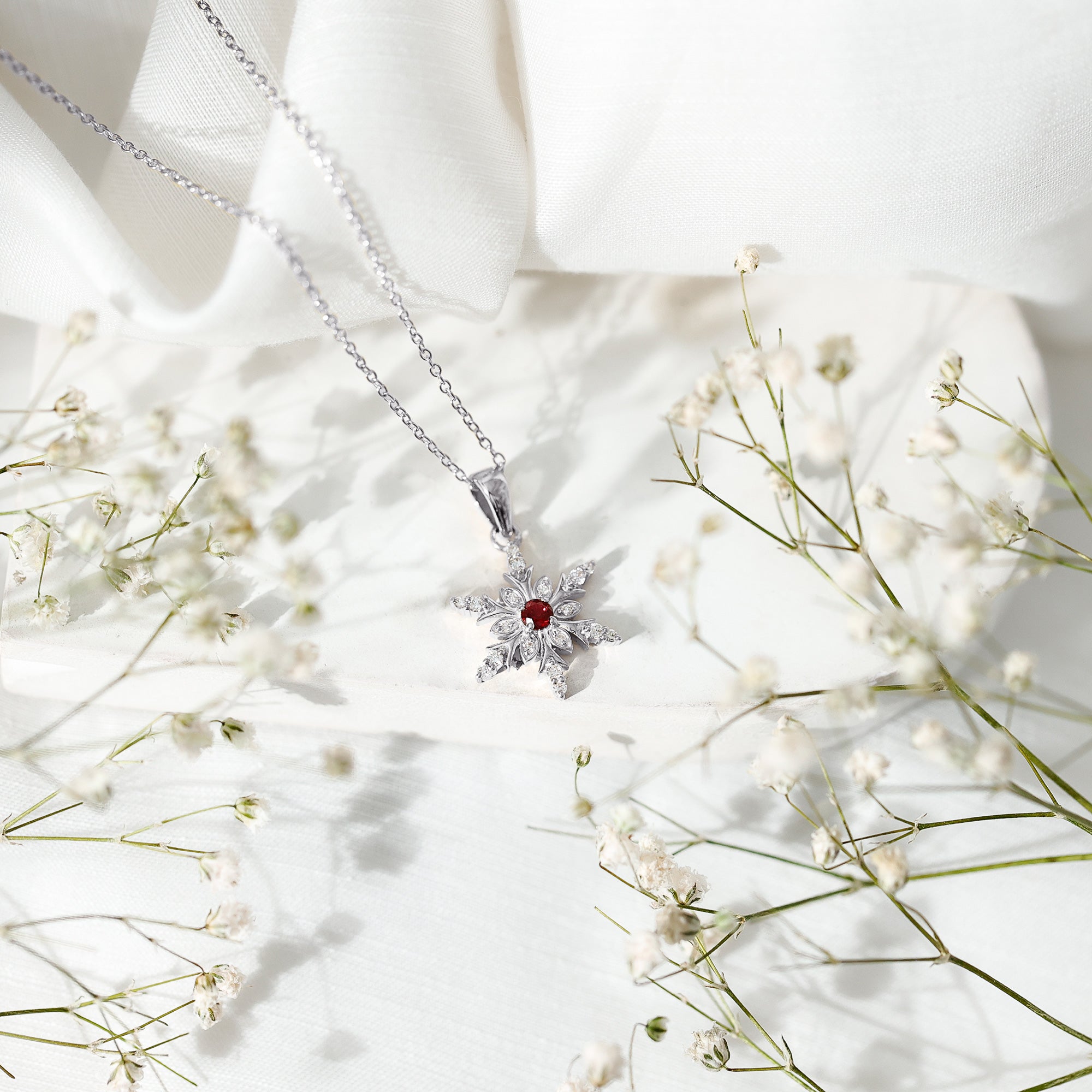 Lab Created Ruby Snowflake Pendant with Diamond Accent AAAA - Rosec Jewels