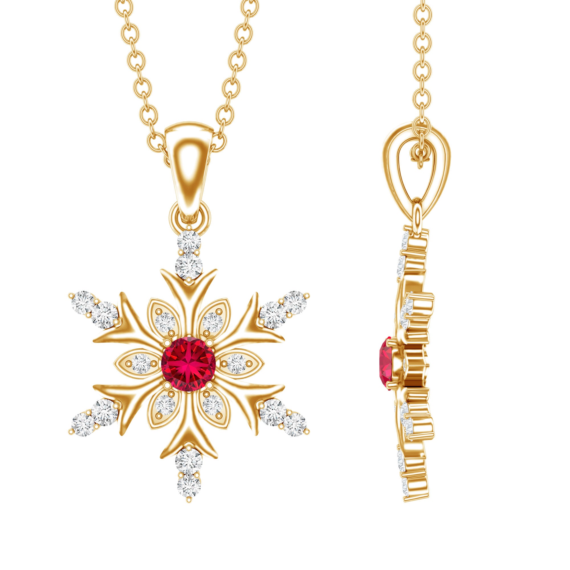 Lab Created Ruby Snowflake Pendant with Diamond Accent AAAA - Rosec Jewels