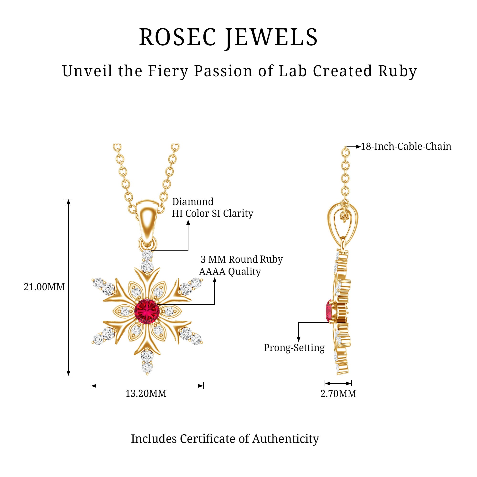 Lab Created Ruby Snowflake Pendant with Diamond Accent AAAA - Rosec Jewels
