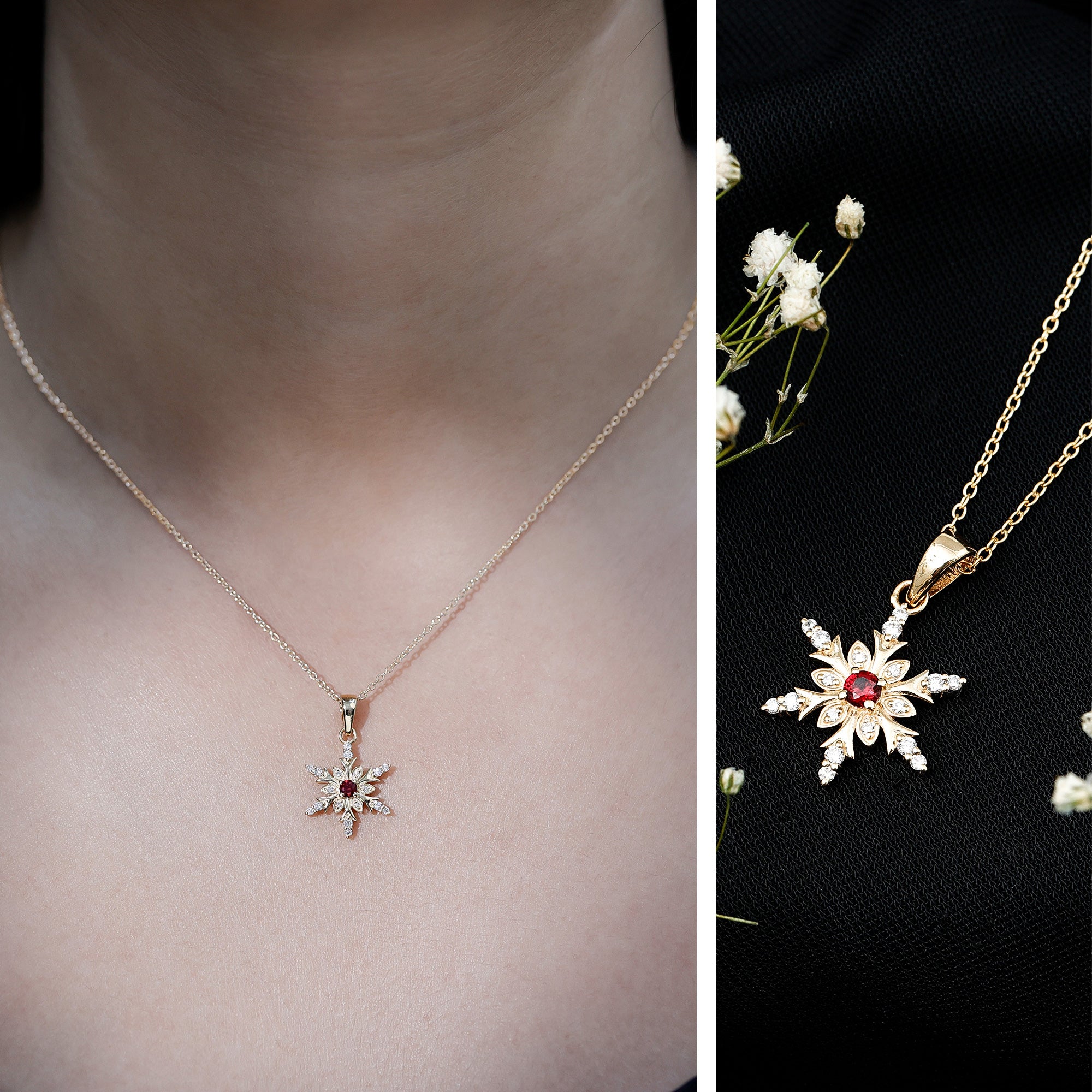 Lab Created Ruby Snowflake Pendant with Diamond Accent AAAA - Rosec Jewels