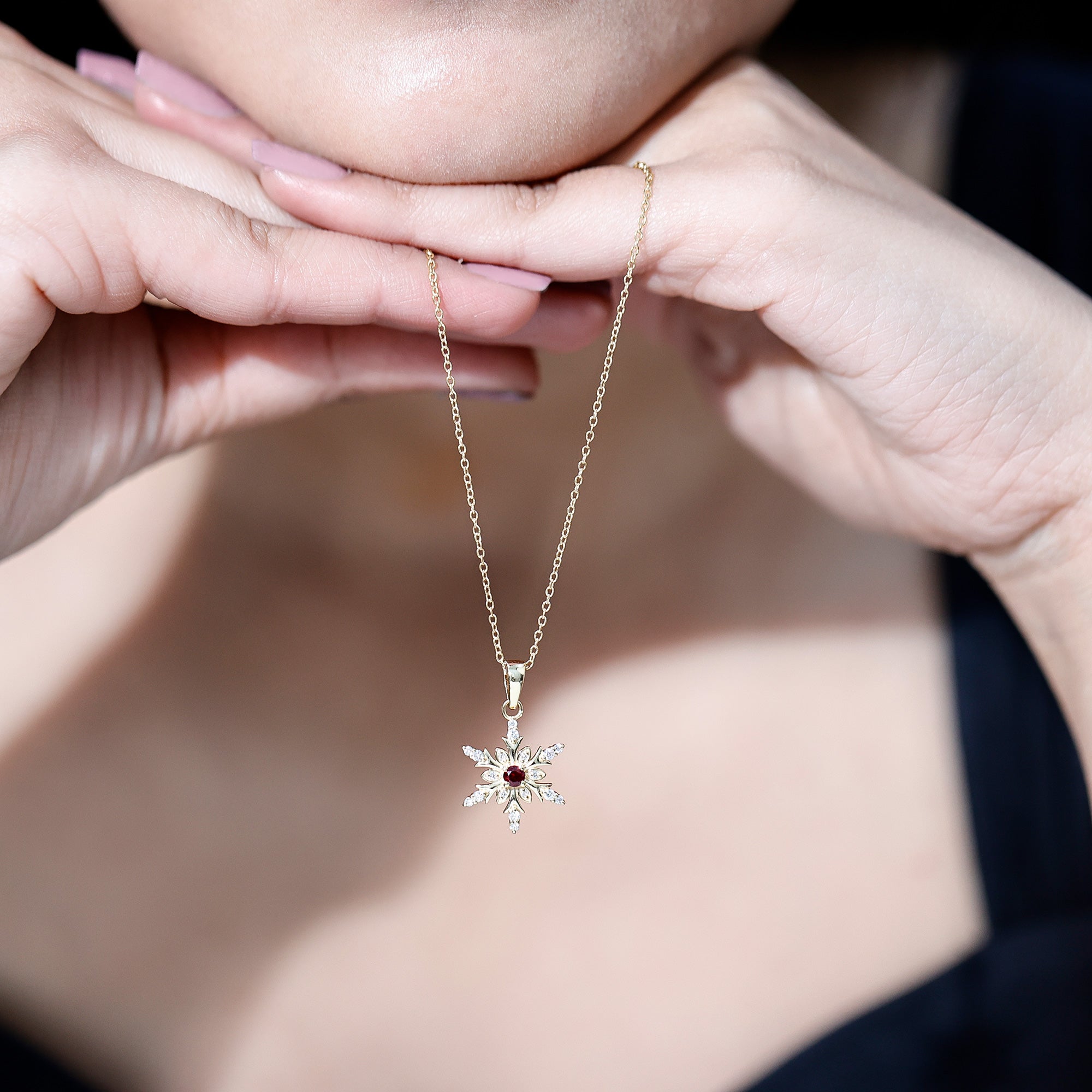 Lab Created Ruby Snowflake Pendant with Diamond Accent AAAA - Rosec Jewels
