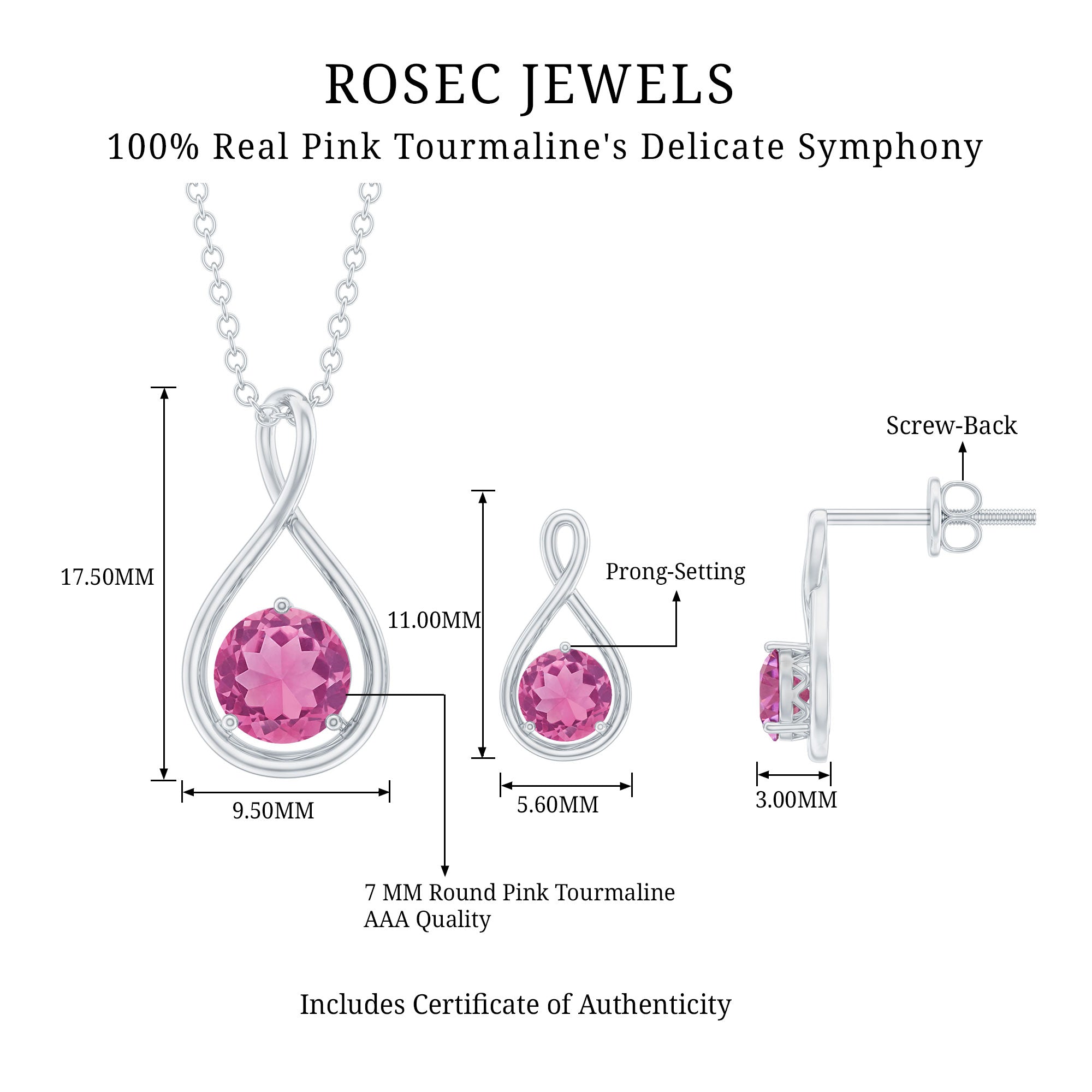 Genuine 2 Carat Pink Tourmaline Infinity Necklace and Earrings Set AAA - Rosec Jewels