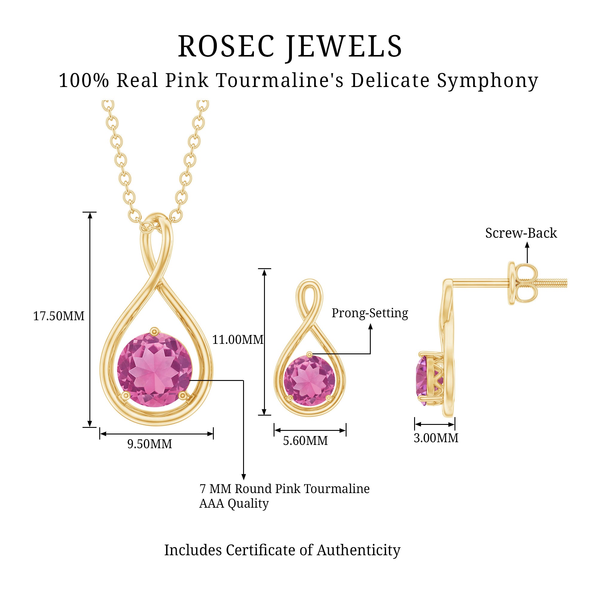 Genuine 2 Carat Pink Tourmaline Infinity Necklace and Earrings Set AAA - Rosec Jewels