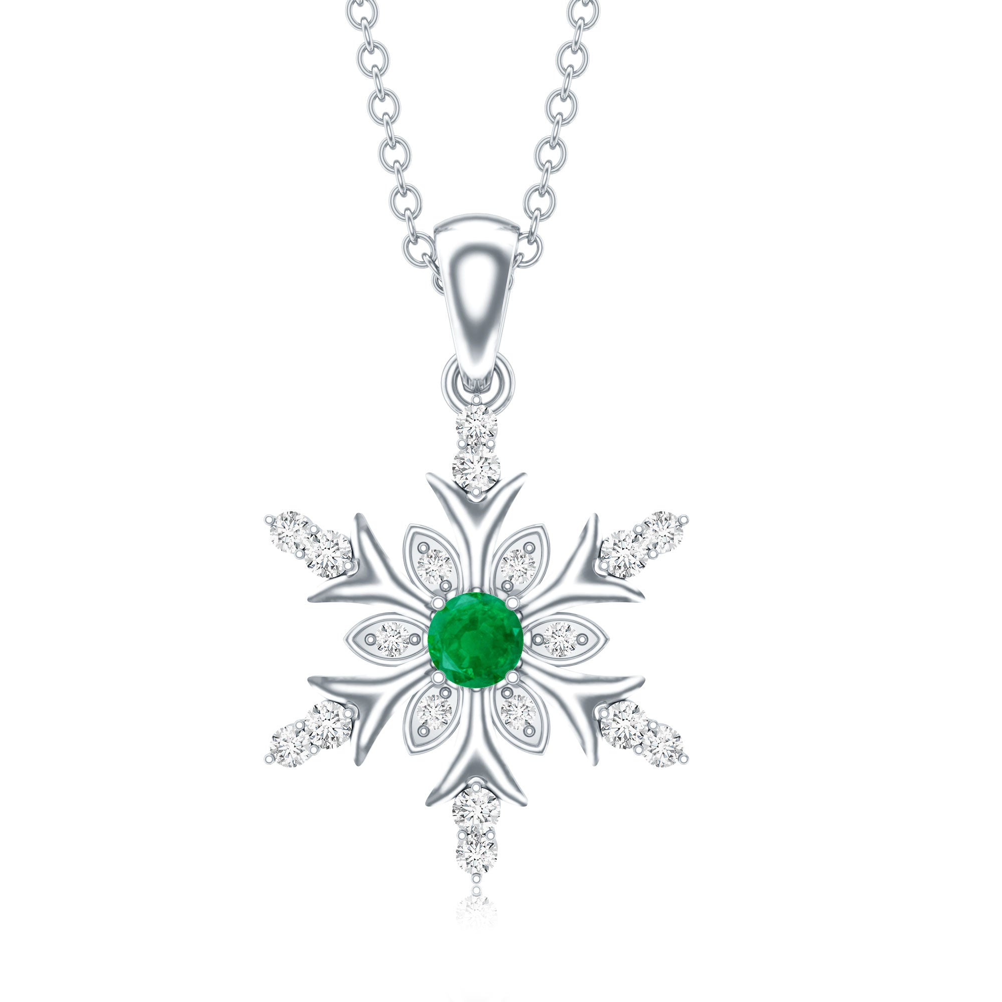 Emerald Snowflake Pendant Necklace with Diamond AAA - Rosec Jewels