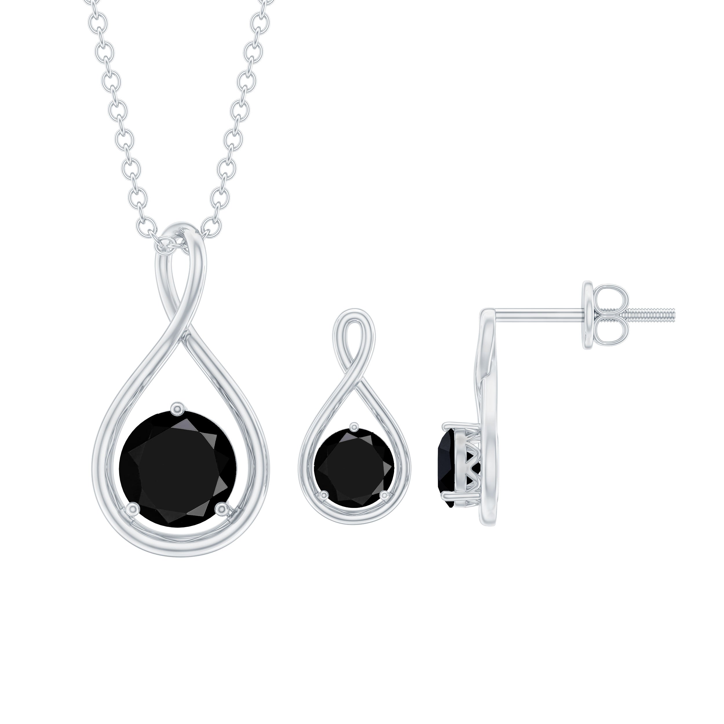 Round Cut Created Black Diamond Solitaire Infinity Earrings and Necklace Set