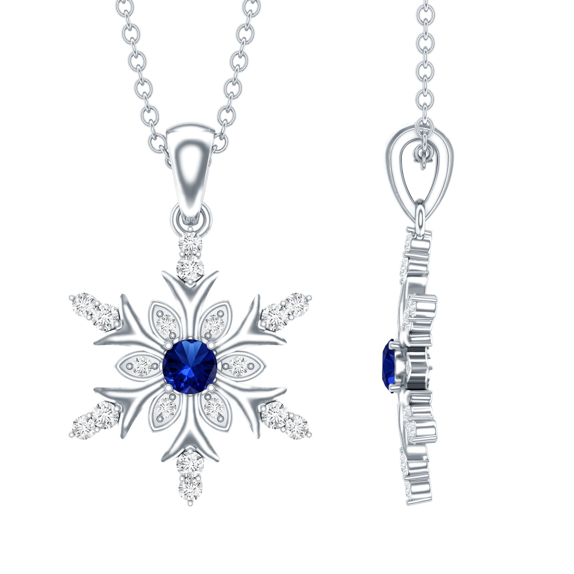 Lab Created Blue Sapphire Designer Snowflake Pendant with Diamond AAAA - Rosec Jewels