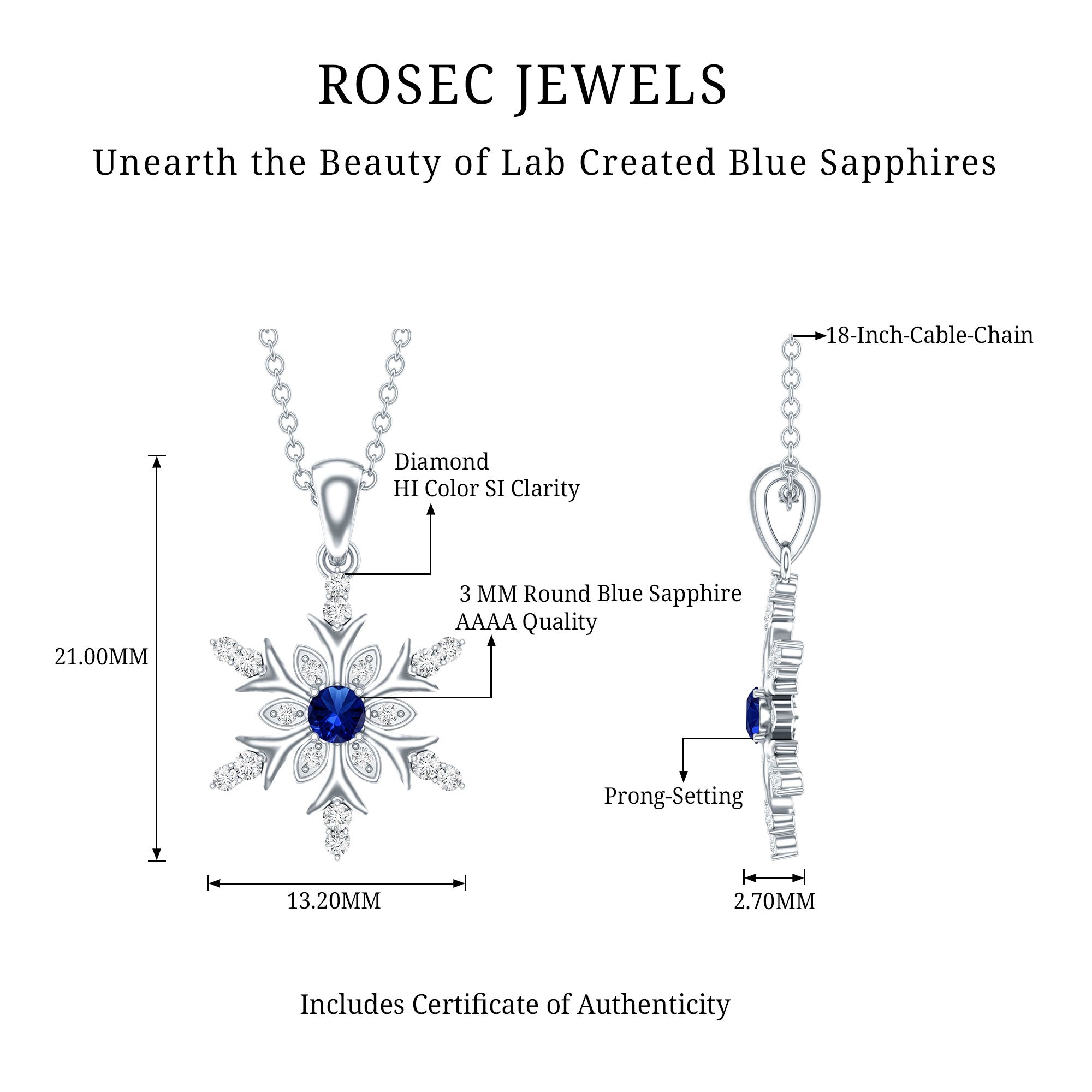 Lab Created Blue Sapphire Designer Snowflake Pendant with Diamond AAAA - Rosec Jewels