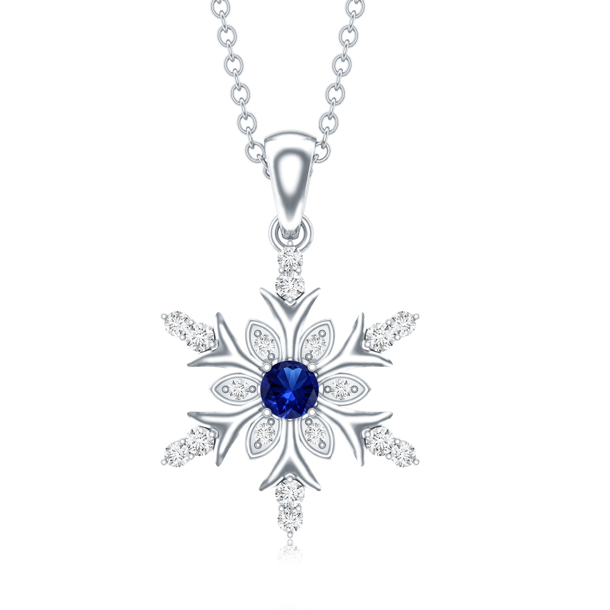 Lab Created Blue Sapphire Designer Snowflake Pendant with Diamond AAAA - Rosec Jewels