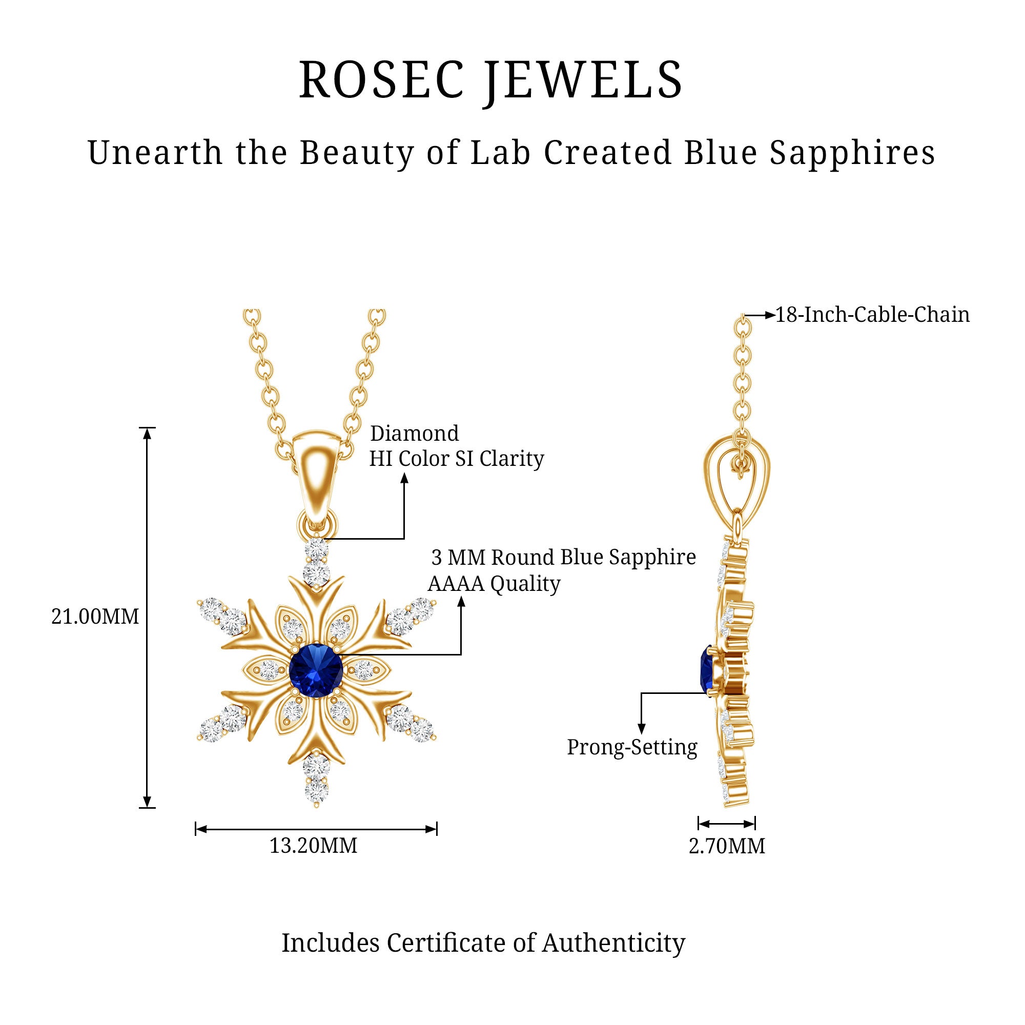 Lab Created Blue Sapphire Designer Snowflake Pendant with Diamond AAAA - Rosec Jewels