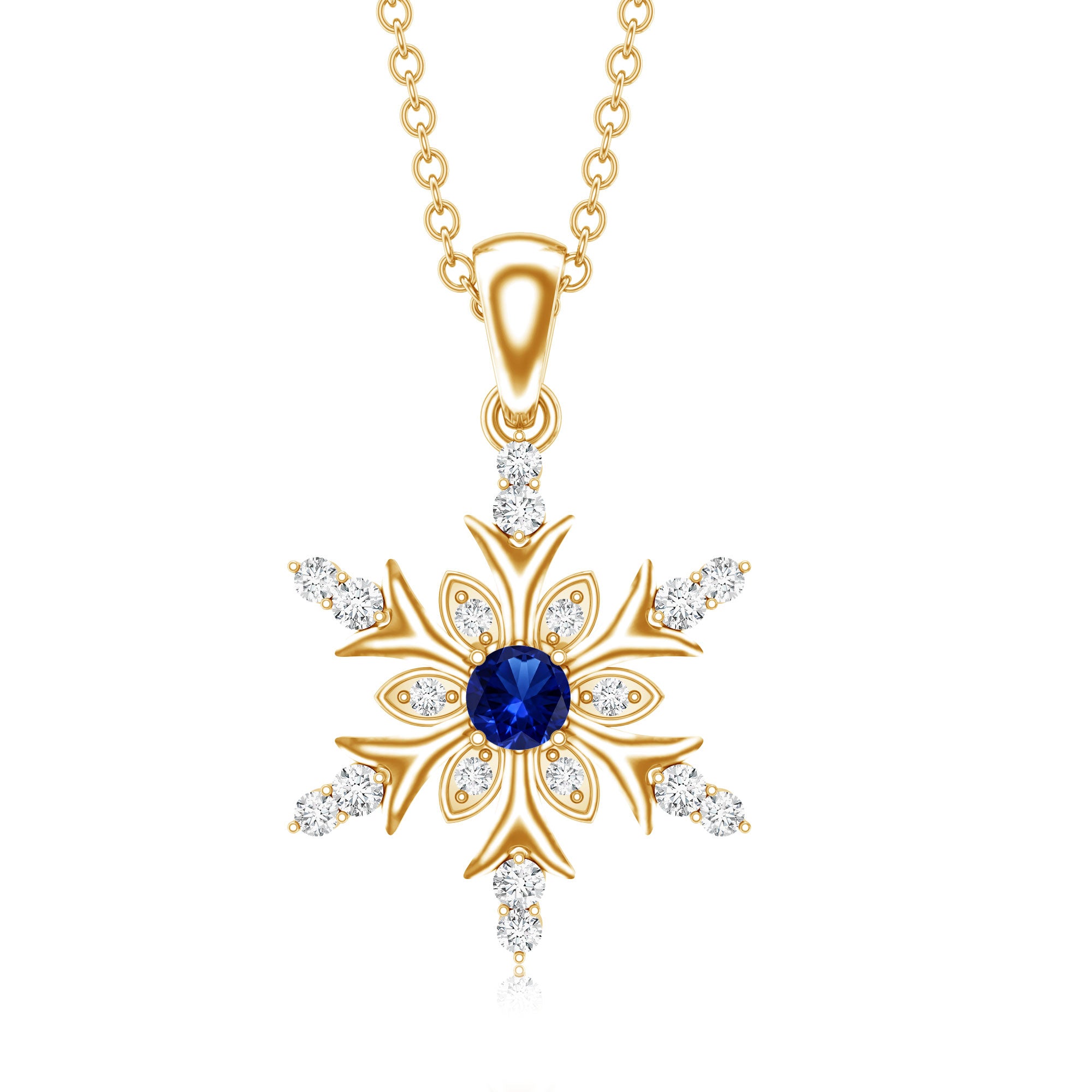 Lab Created Blue Sapphire Designer Snowflake Pendant with Diamond AAAA - Rosec Jewels