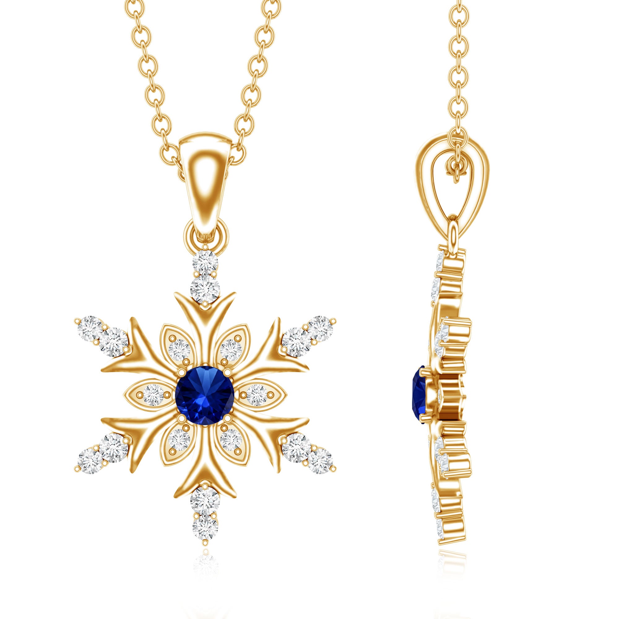Lab Created Blue Sapphire Designer Snowflake Pendant with Diamond AAAA - Rosec Jewels