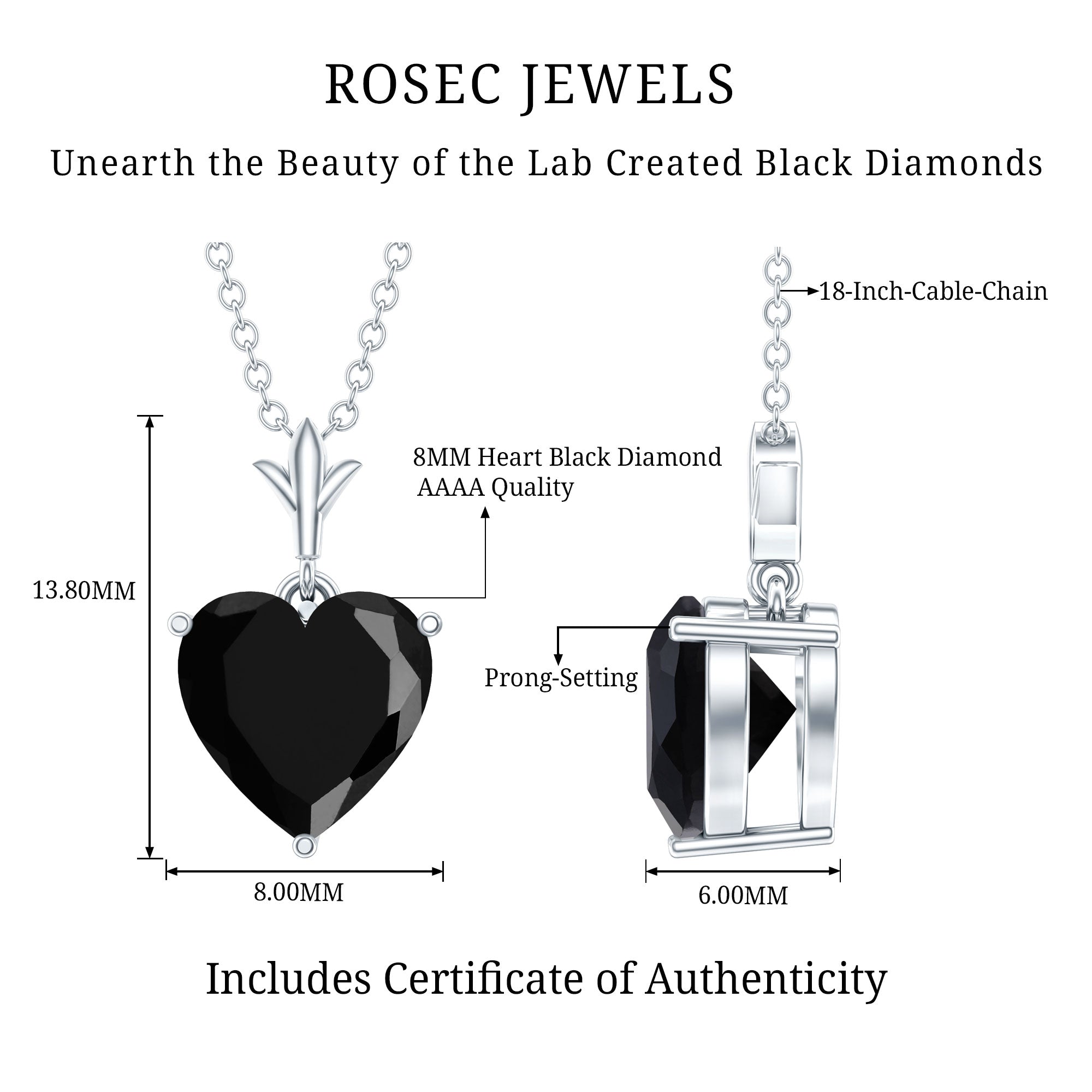 Lab Created Black Diamond Heart Shape Necklace With Chain AAAA ( Synthetic ) - Rosec Jewels