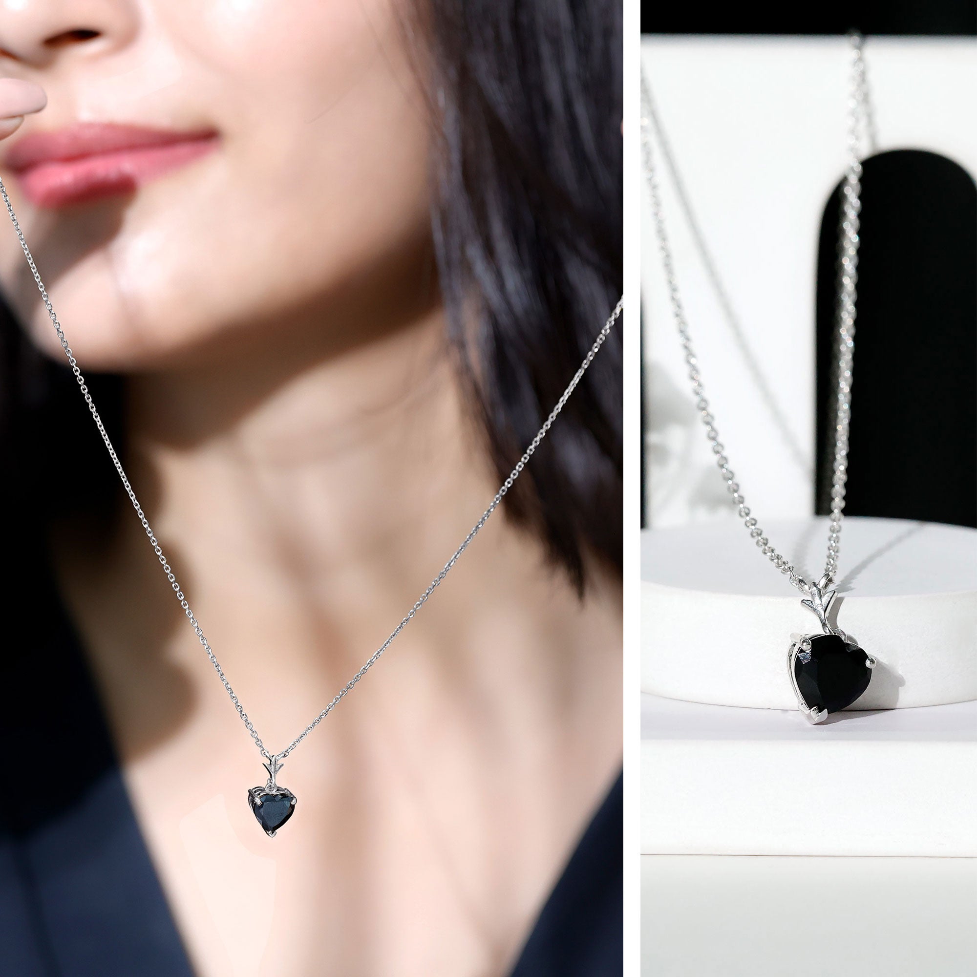 Lab Created Black Diamond Heart Shape Necklace With Chain AAAA ( Synthetic ) - Rosec Jewels