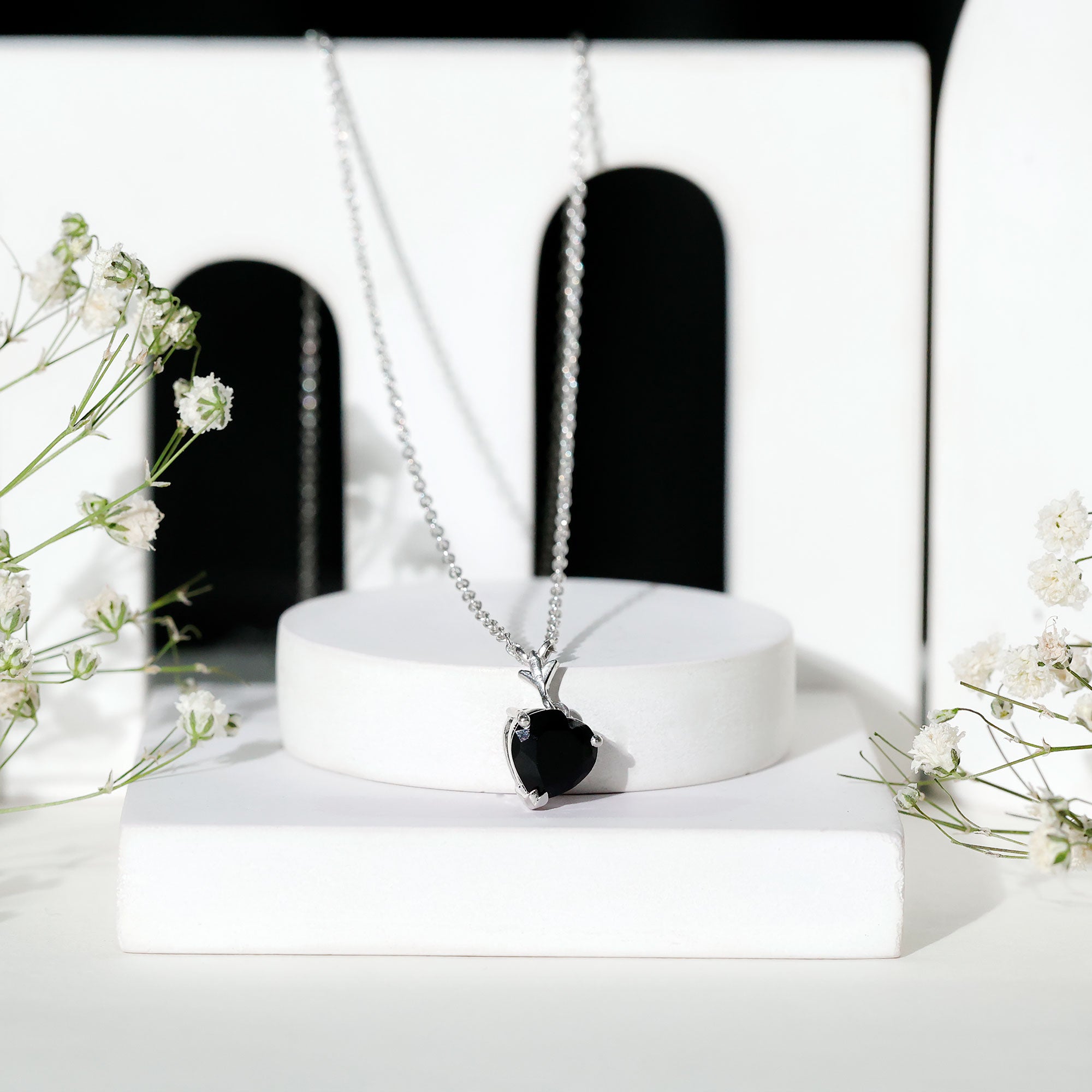 Lab Created Black Diamond Heart Shape Necklace With Chain AAAA ( Synthetic ) - Rosec Jewels