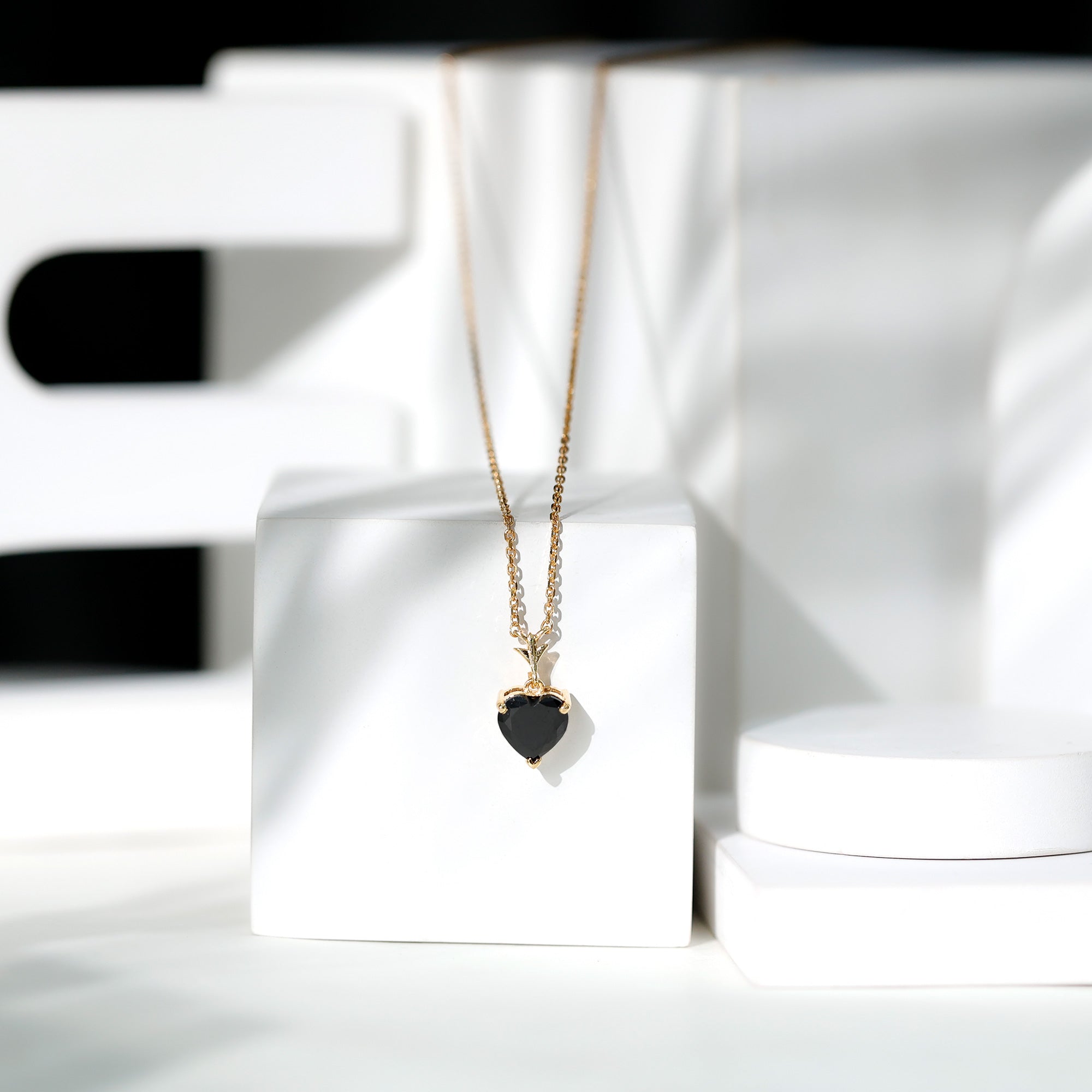 Lab Created Black Diamond Heart Shape Necklace With Chain AAAA ( Synthetic ) - Rosec Jewels