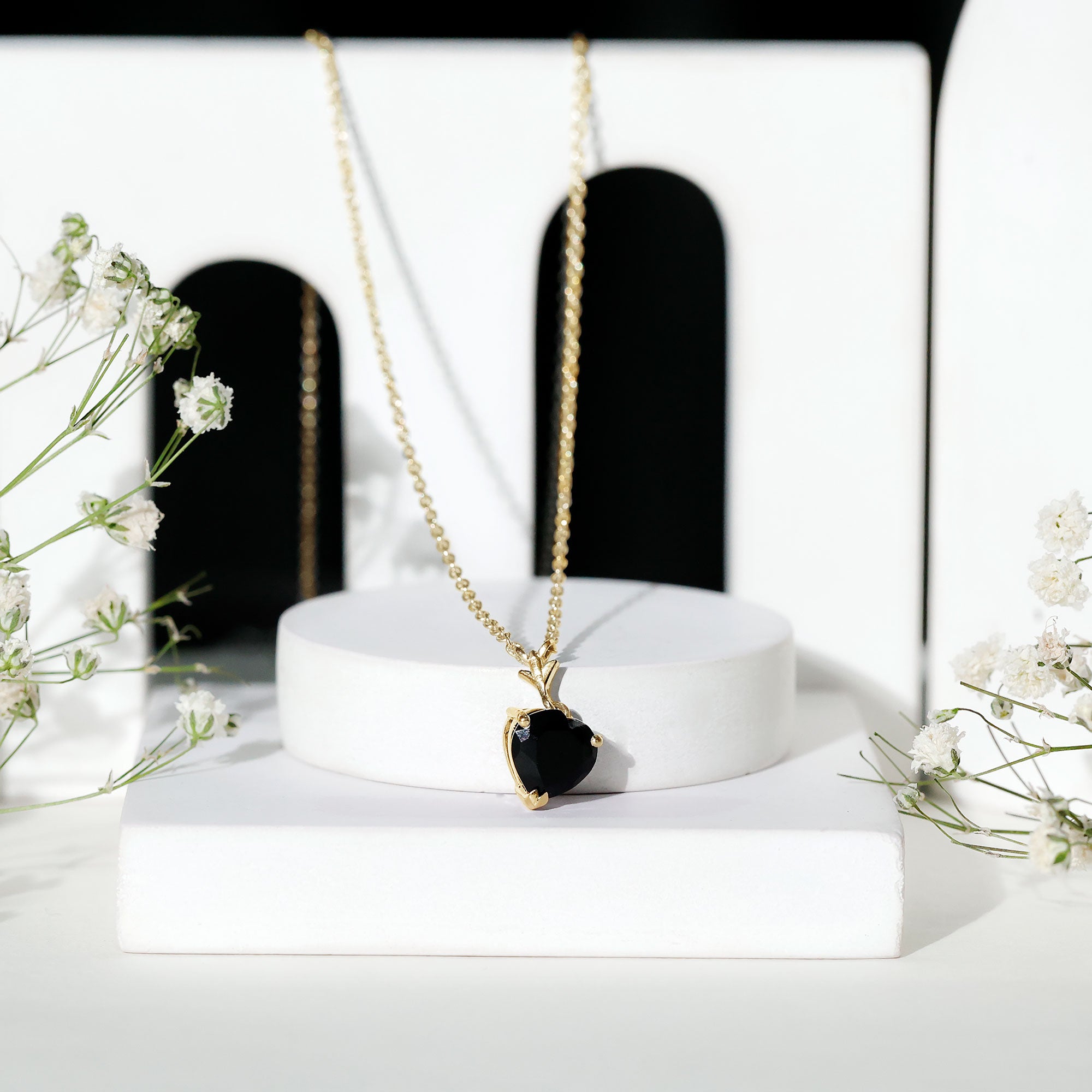 Lab Created Black Diamond Heart Shape Necklace With Chain AAAA ( Synthetic ) - Rosec Jewels