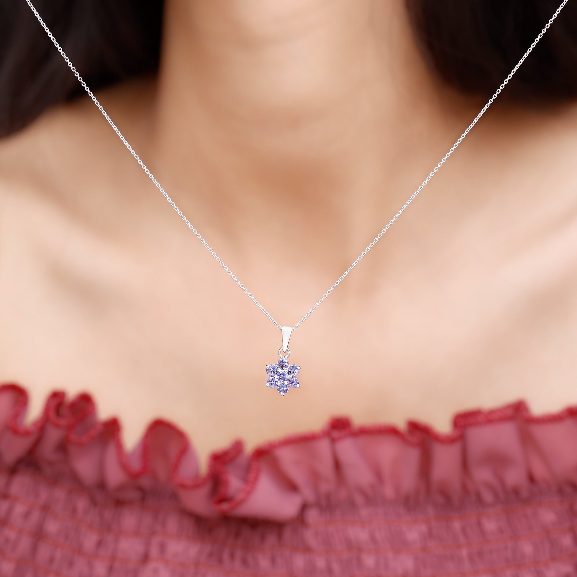 Natural Tanzanite Flower Cluster Pendant Necklace AAA - Rosec Jewels
