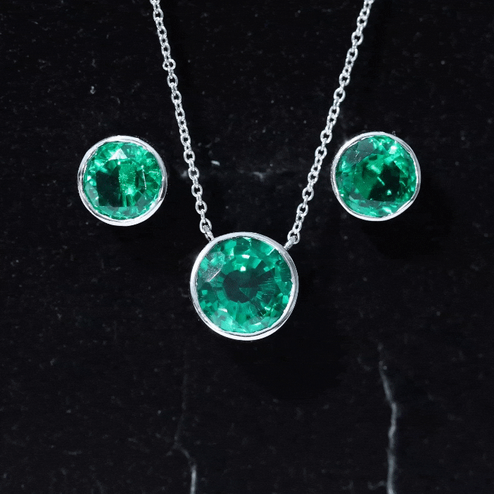 Certified Created Emerald Solitaire Jewelry Set in Bezel Setting AAAA - Rosec Jewels