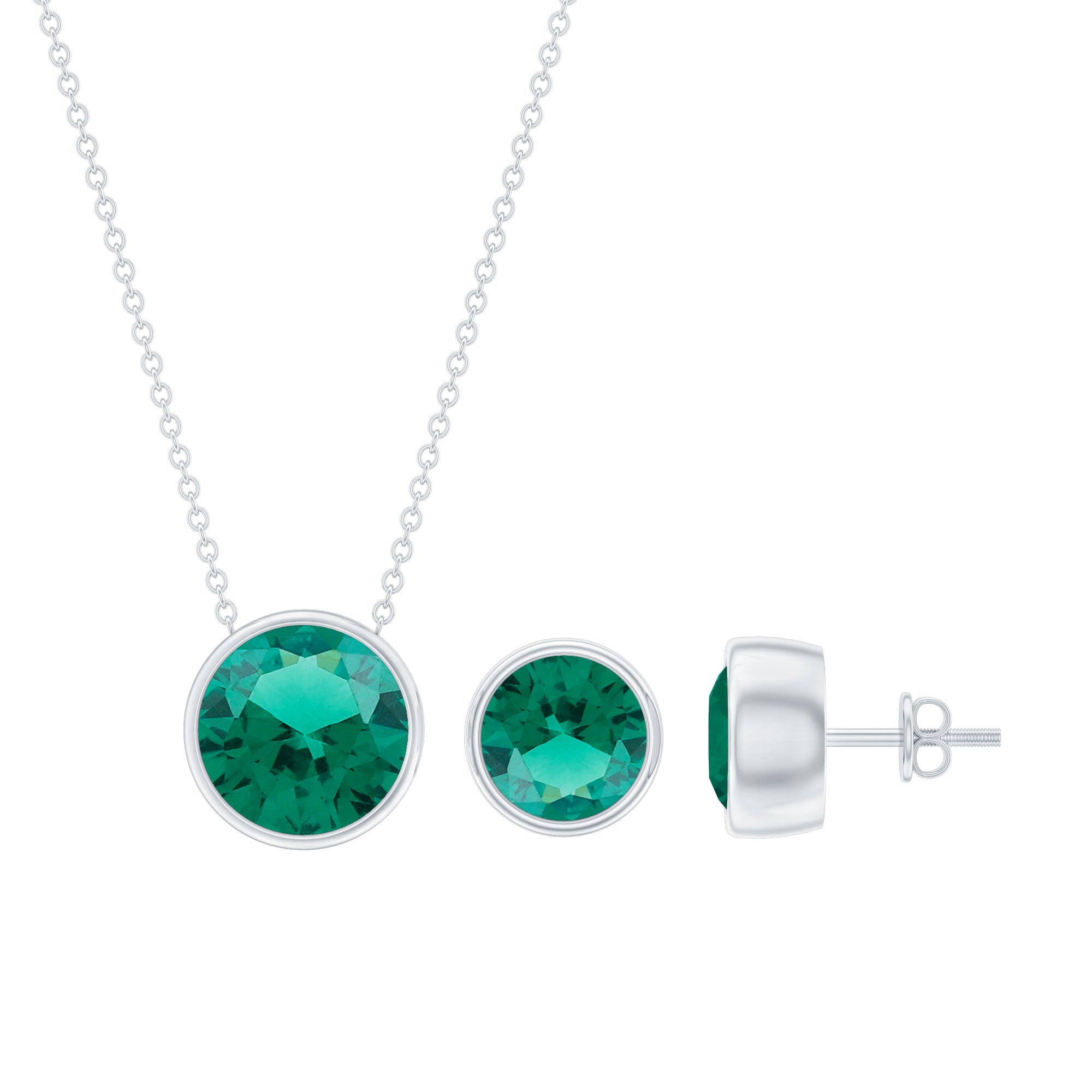 Certified Created Emerald Solitaire Jewelry Set in Bezel Setting