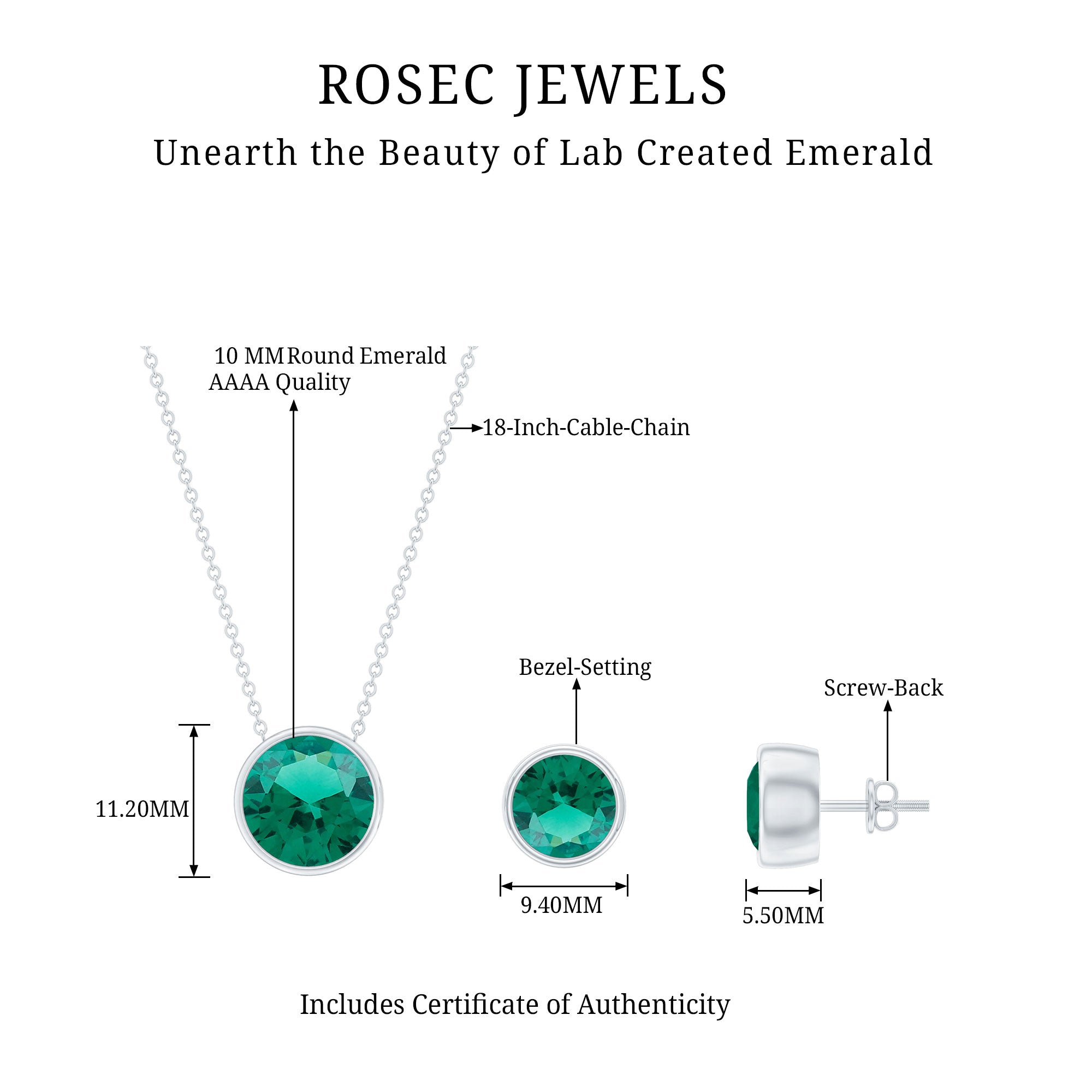 Certified Created Emerald Solitaire Jewelry Set in Bezel Setting AAAA - Rosec Jewels