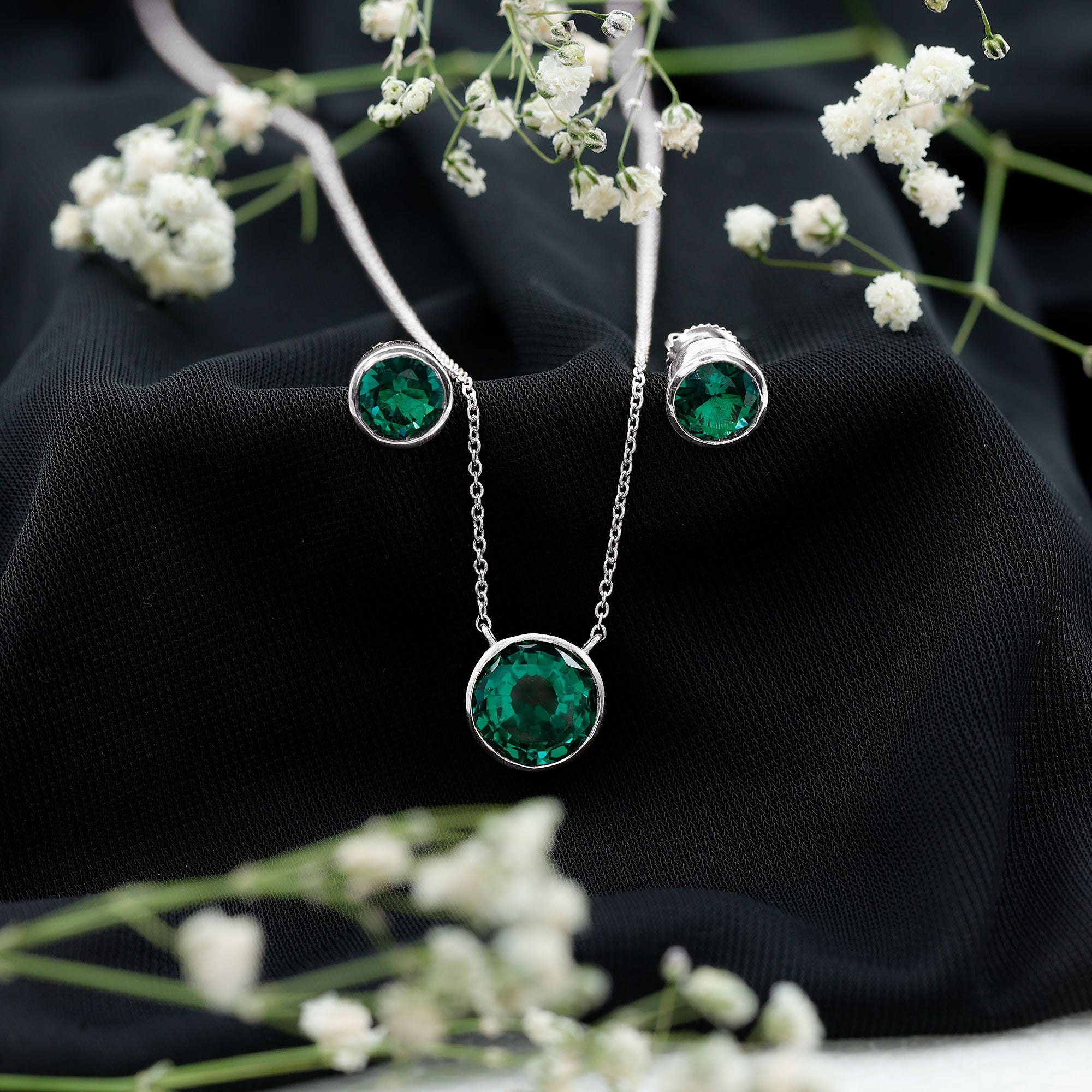 Certified Created Emerald Solitaire Jewelry Set in Bezel Setting AAAA - Rosec Jewels